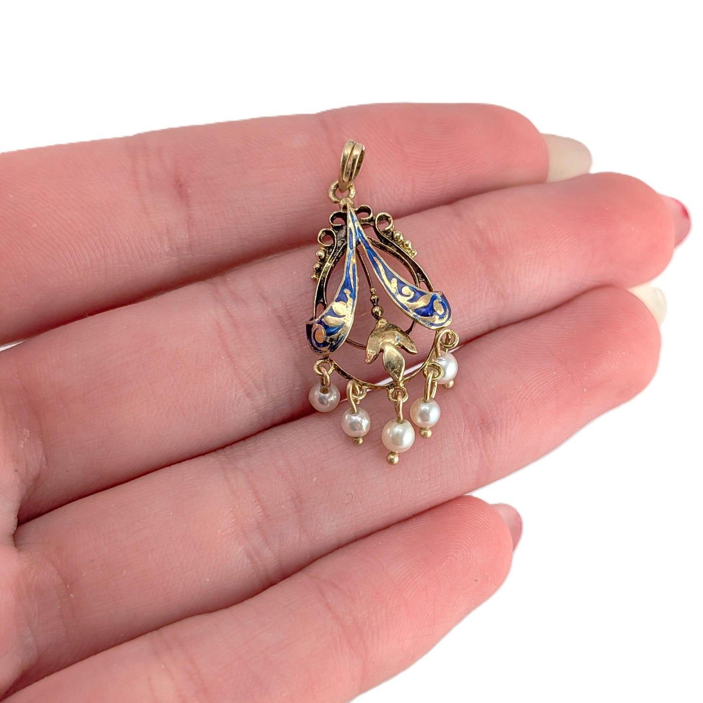 Antique 14K Gold Art Nouveau Blue Enamel Pearl Pendant