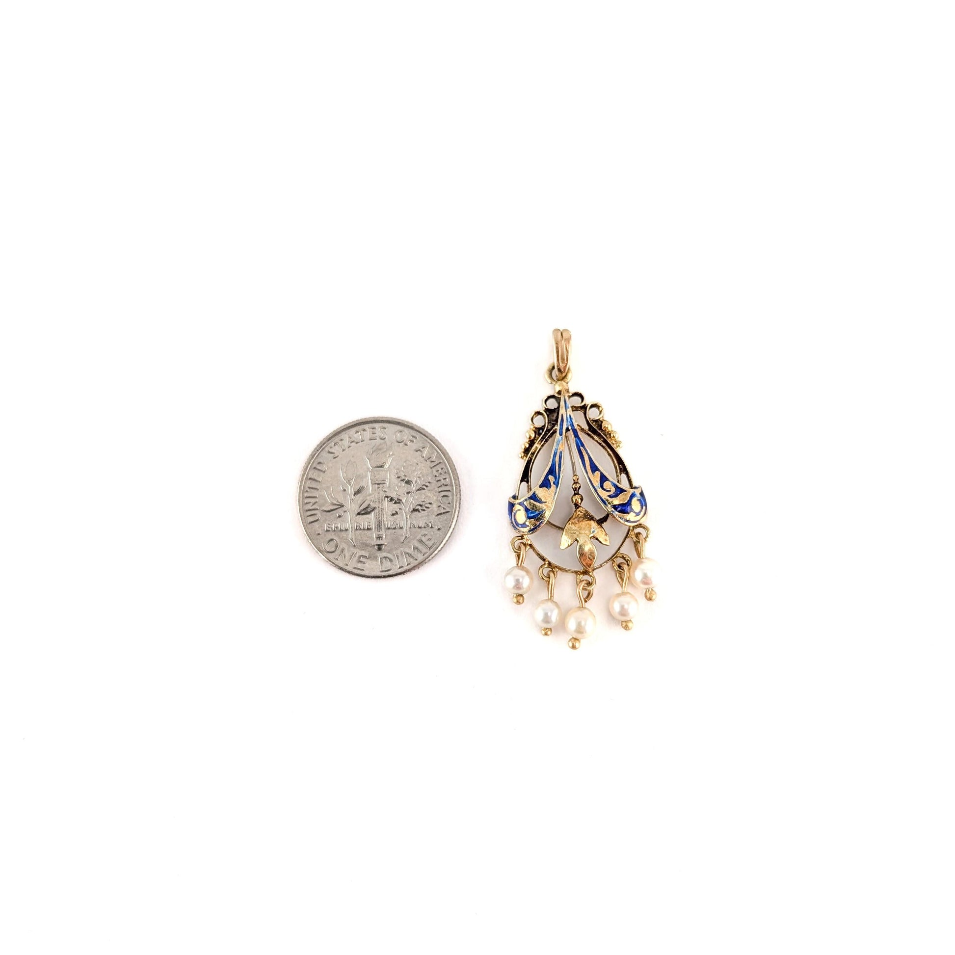Antique 14K Gold Art Nouveau Blue Enamel Pearl Pendant