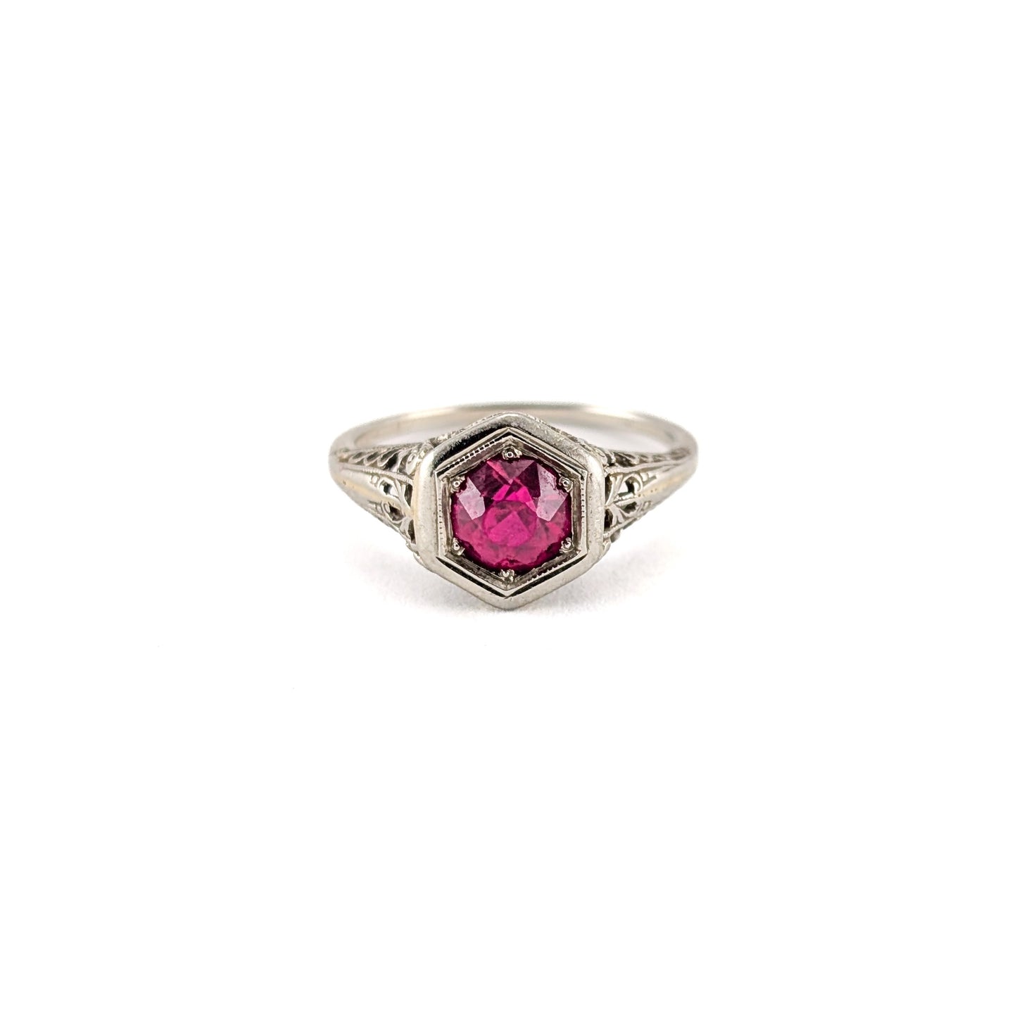 Antique Art Deco 18K White Gold Synthetic Ruby Filigree Ring