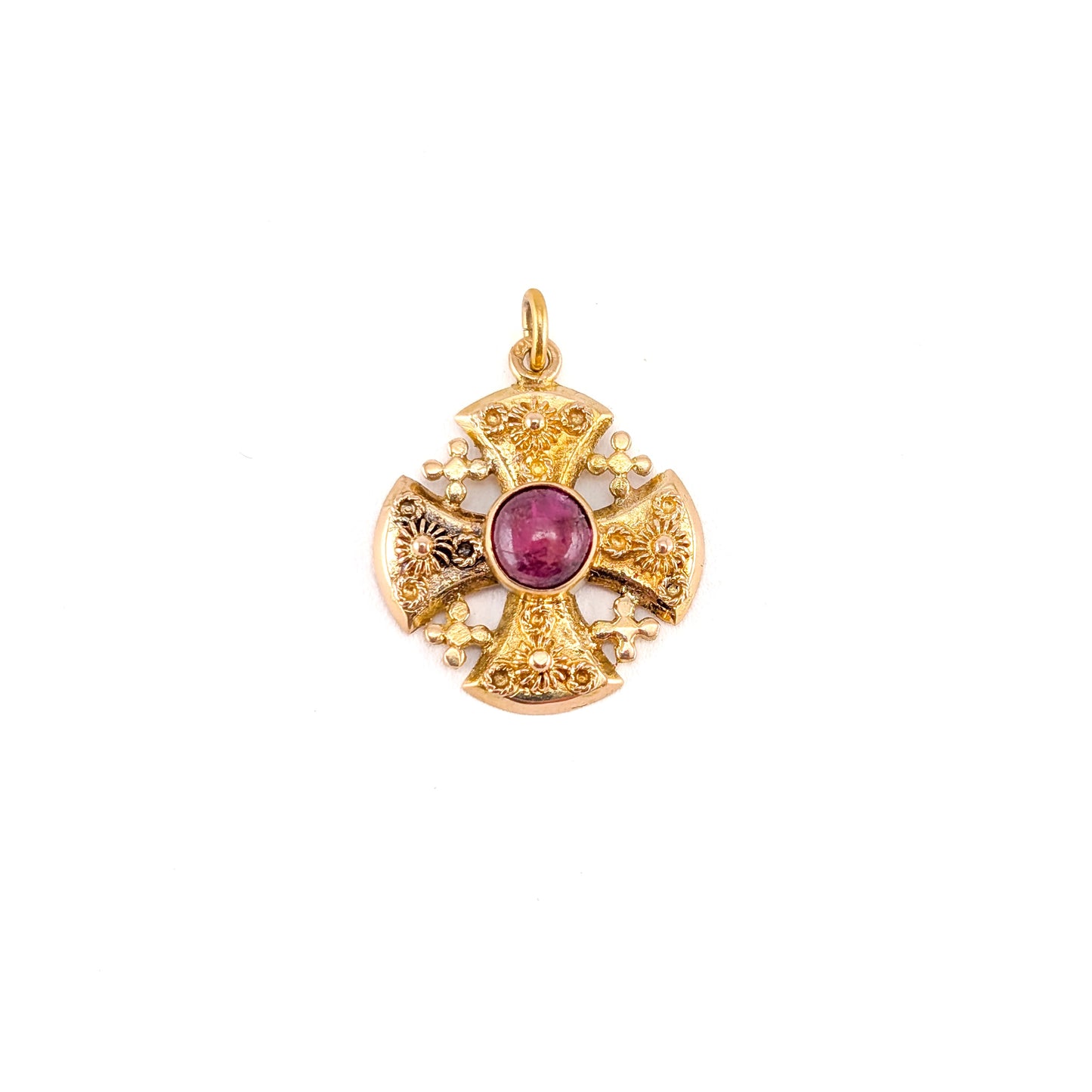 Vintage 18K Gold Ruby Jerusalem Cross Pendant