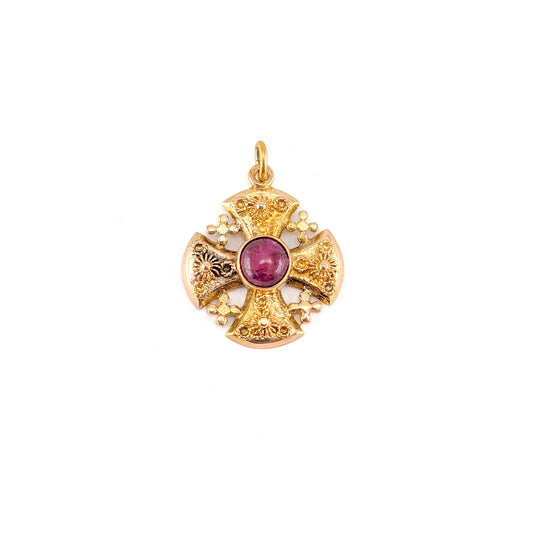 Vintage 18K Gold Ruby Jerusalem Cross Pendant
