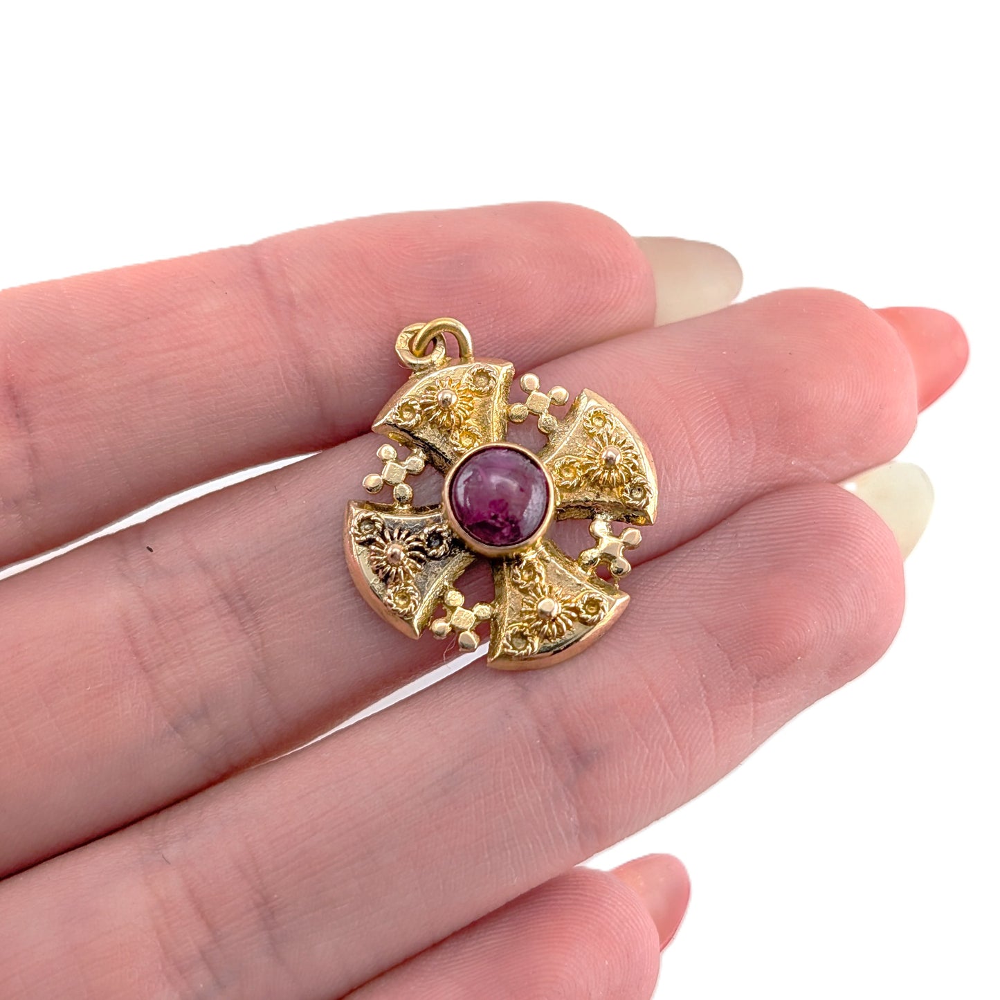 Vintage 18K Gold Ruby Jerusalem Cross Pendant