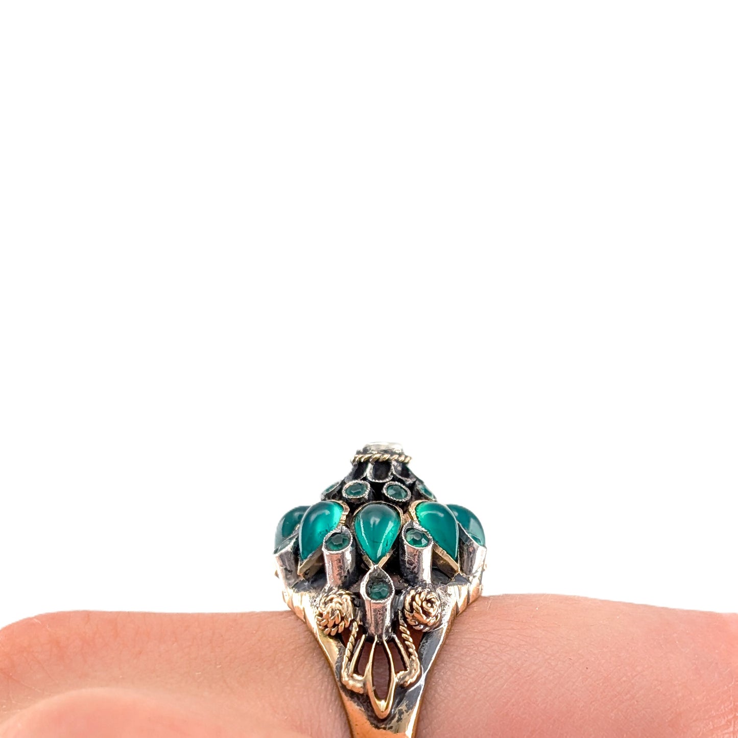 Vintage Thai Princess Ring 18K Gold Emerald Cabochon Cluster Statement Ring