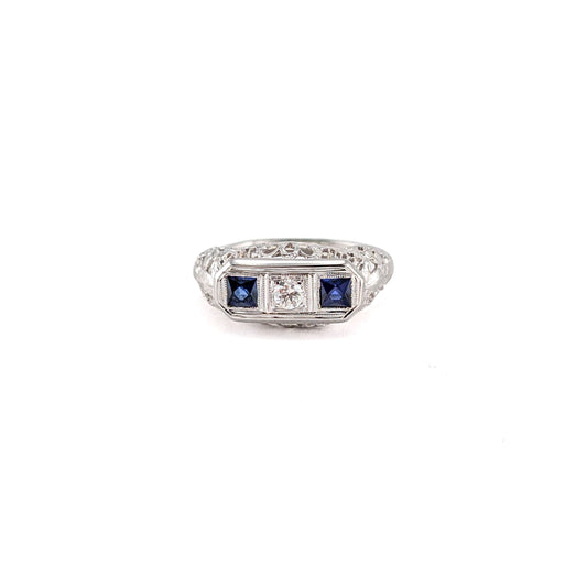 Antique Art Deco 18K White Gold Diamond & Synthetic Sapphire Filigree Ring