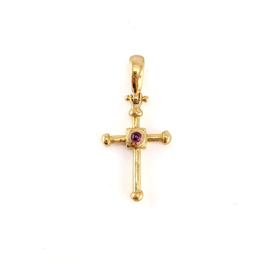 Vintage 18K Gold Bezel Set Ruby Cross Pendant