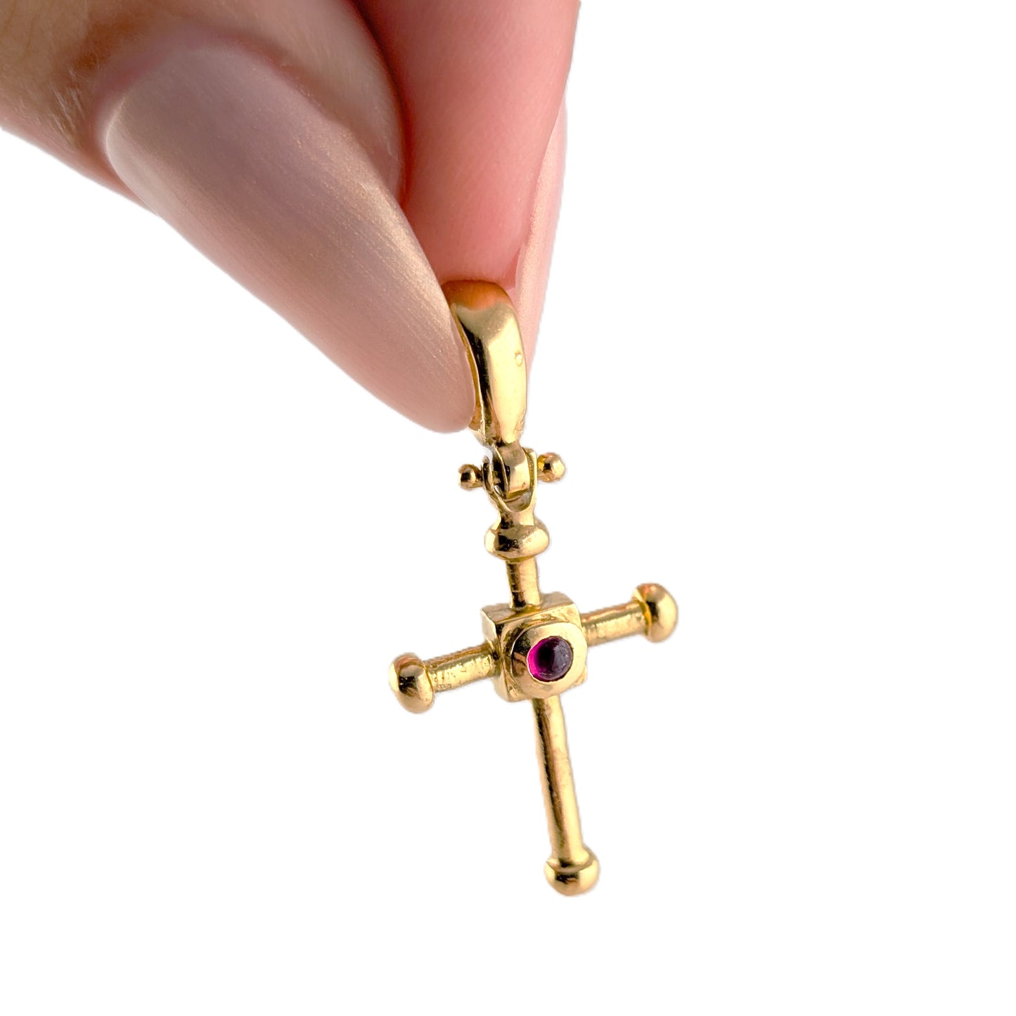 Vintage 18K Gold Bezel Set Ruby Cross Pendant