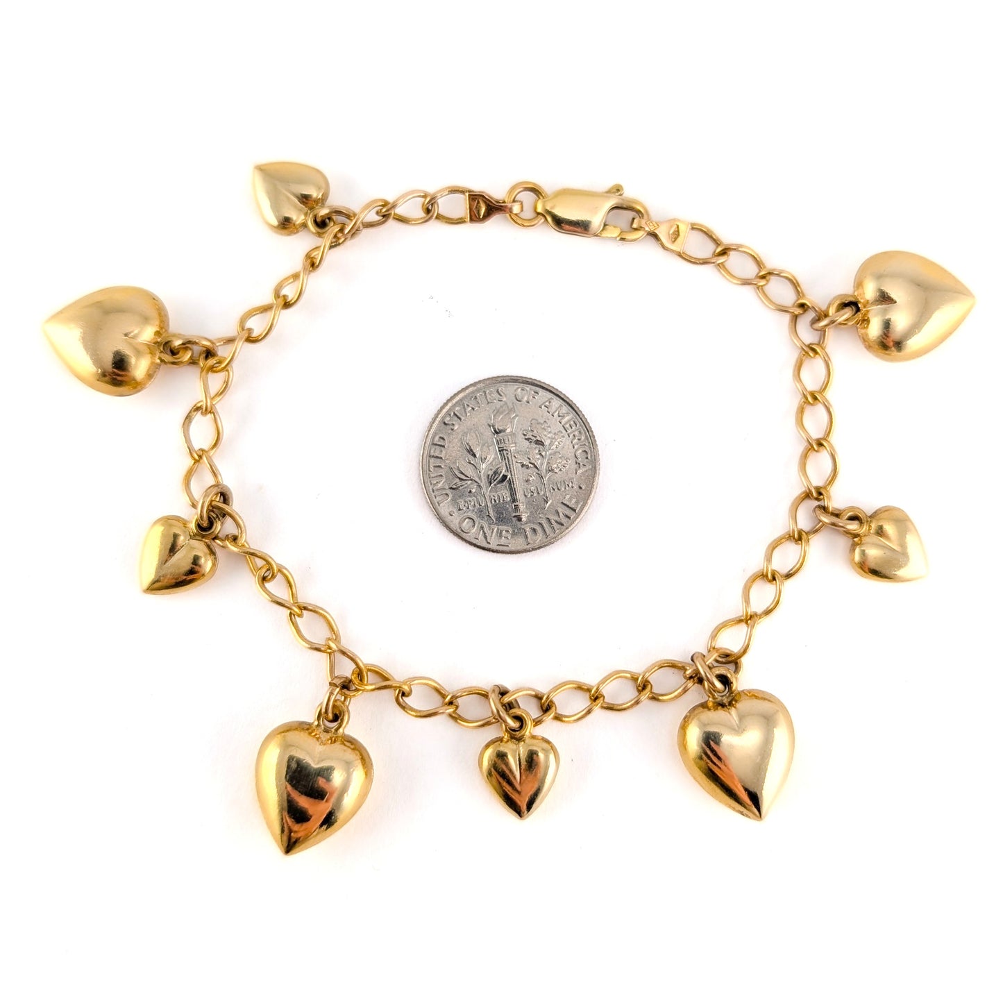 Vintage 14K Gold Puffy Heart Charm Bracelet