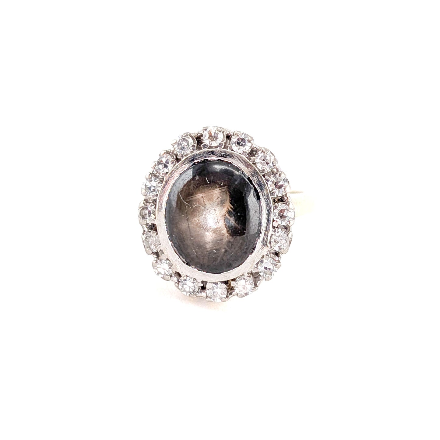 Vintage 14K White Gold Black Star Sapphire & Diamond Halo Ring | Natural Cabochon Sapphire Statement Ring