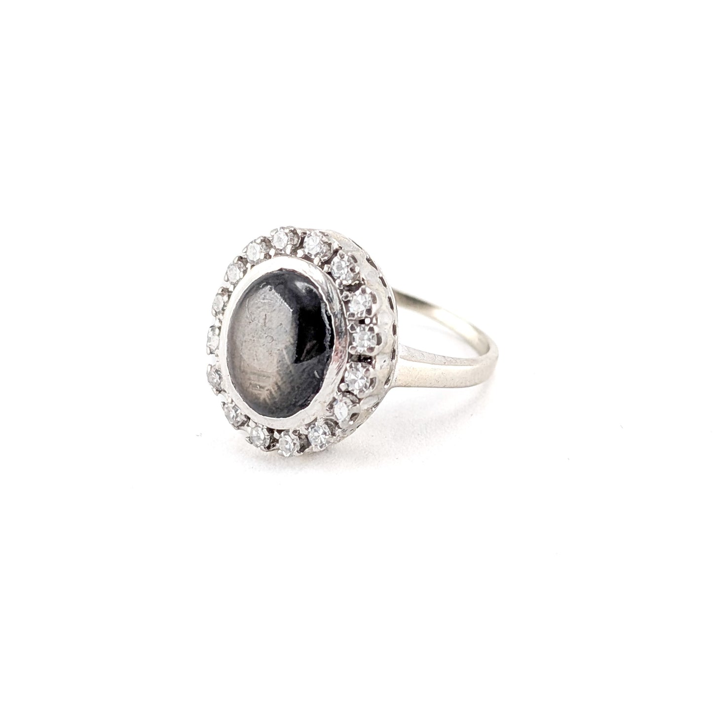 Vintage 14K White Gold Black Star Sapphire & Diamond Halo Ring | Natural Cabochon Sapphire Statement Ring