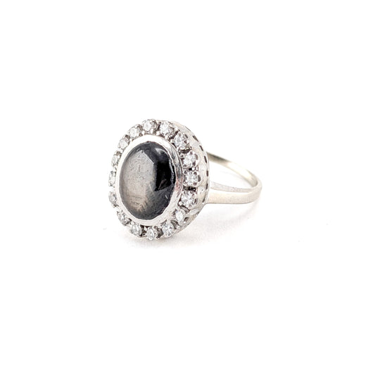 Vintage 14K White Gold Black Star Sapphire & Diamond Halo Ring | Natural Cabochon Sapphire Statement Ring