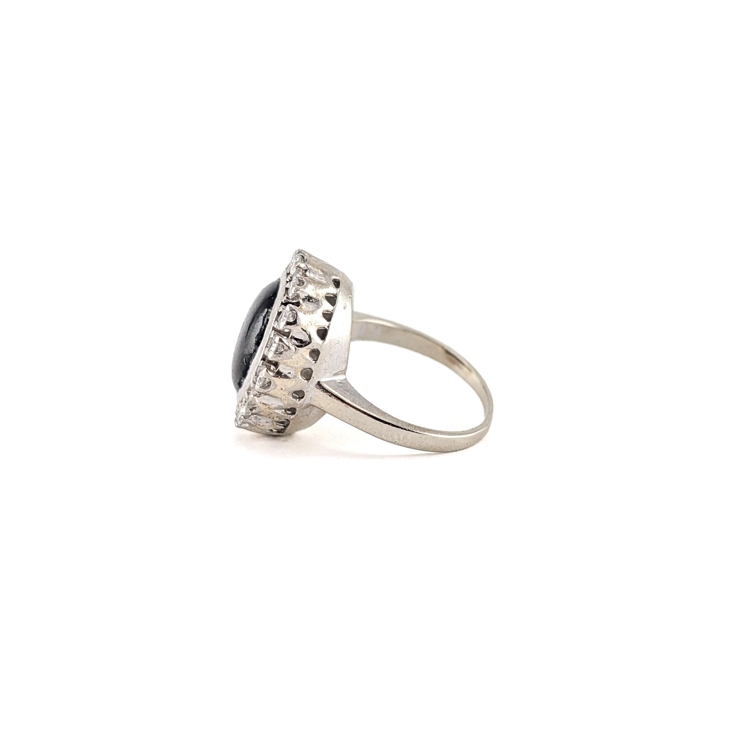 Vintage 14K White Gold Black Star Sapphire & Diamond Halo Ring | Natural Cabochon Sapphire Statement Ring