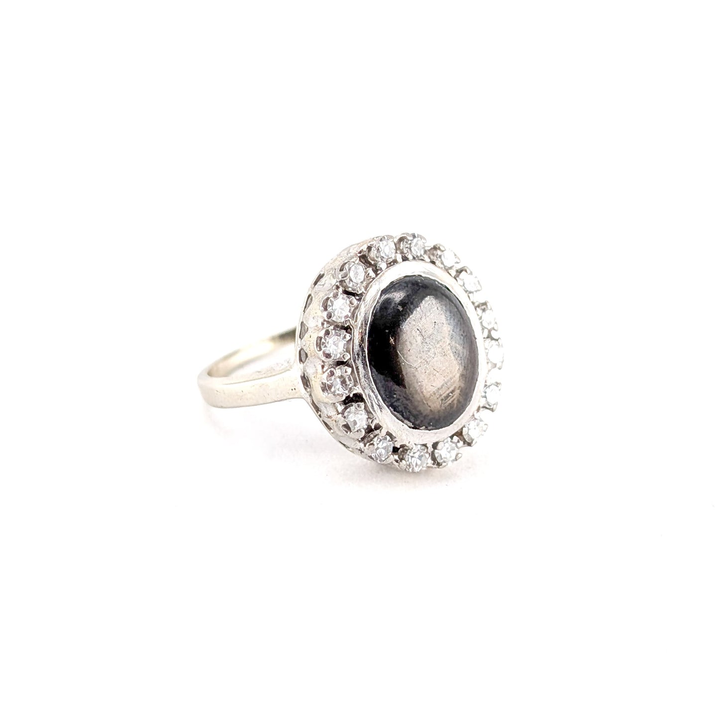 Vintage 14K White Gold Black Star Sapphire & Diamond Halo Ring | Natural Cabochon Sapphire Statement Ring