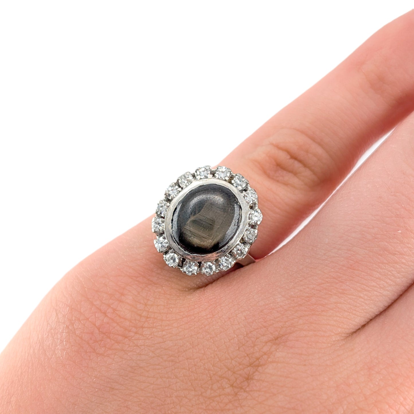 Vintage 14K White Gold Black Star Sapphire & Diamond Halo Ring | Natural Cabochon Sapphire Statement Ring