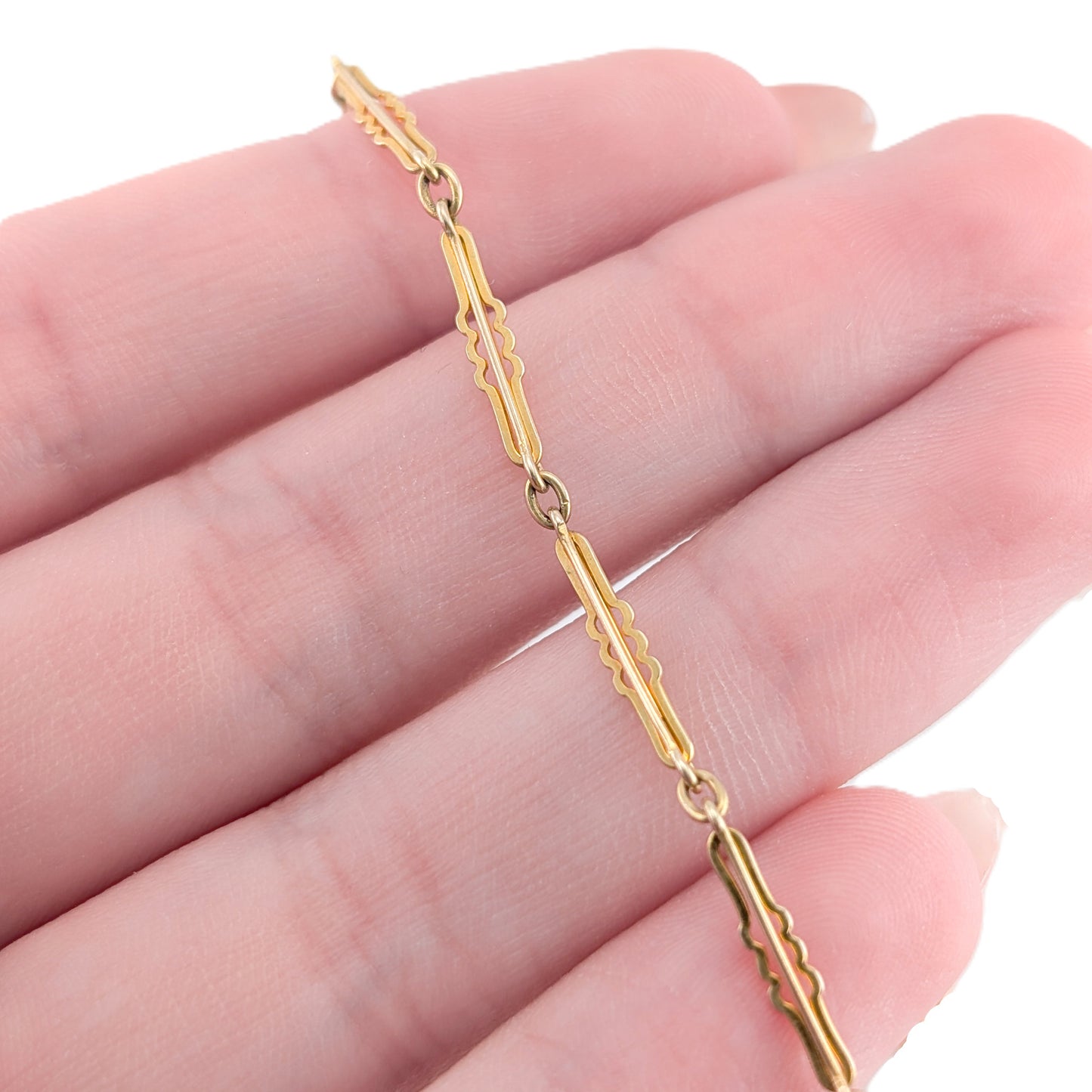 Antique 10K Yellow Gold Decorative Bar Link Watch Chain, 13"