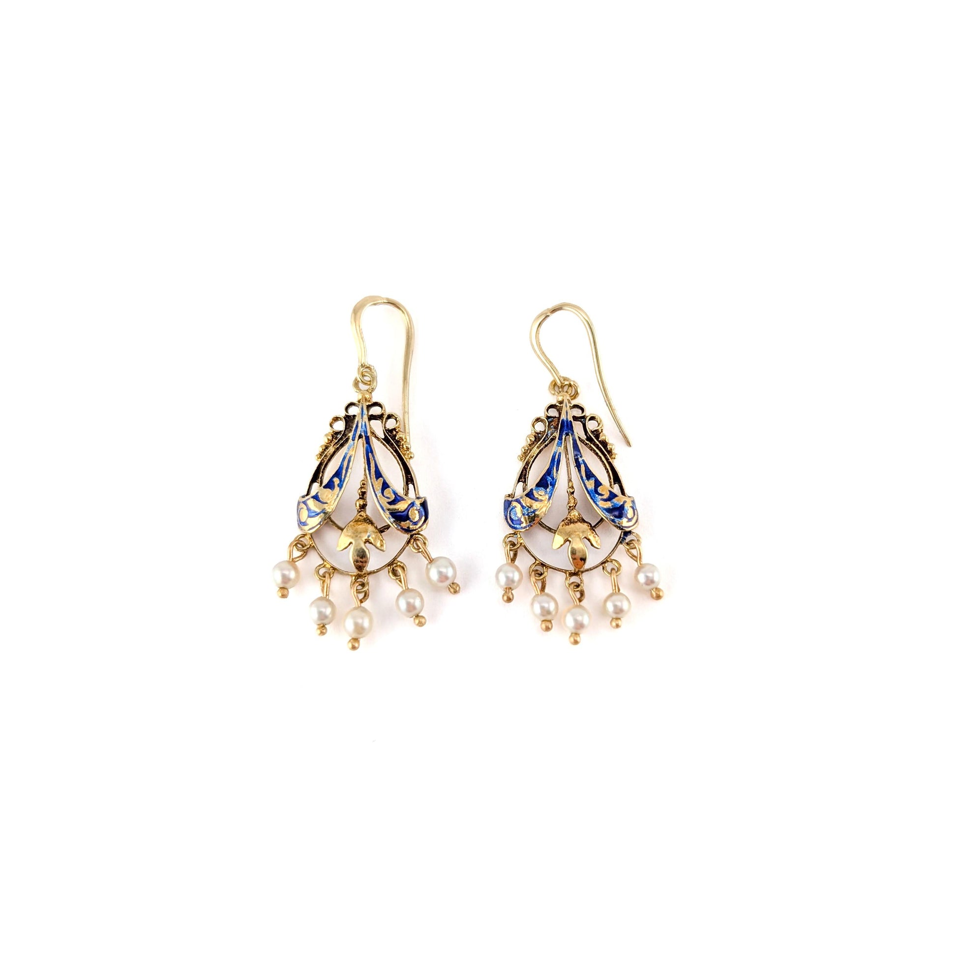Victorian Blue Enamel And Pearl 14k Gold Chandelier Earrings