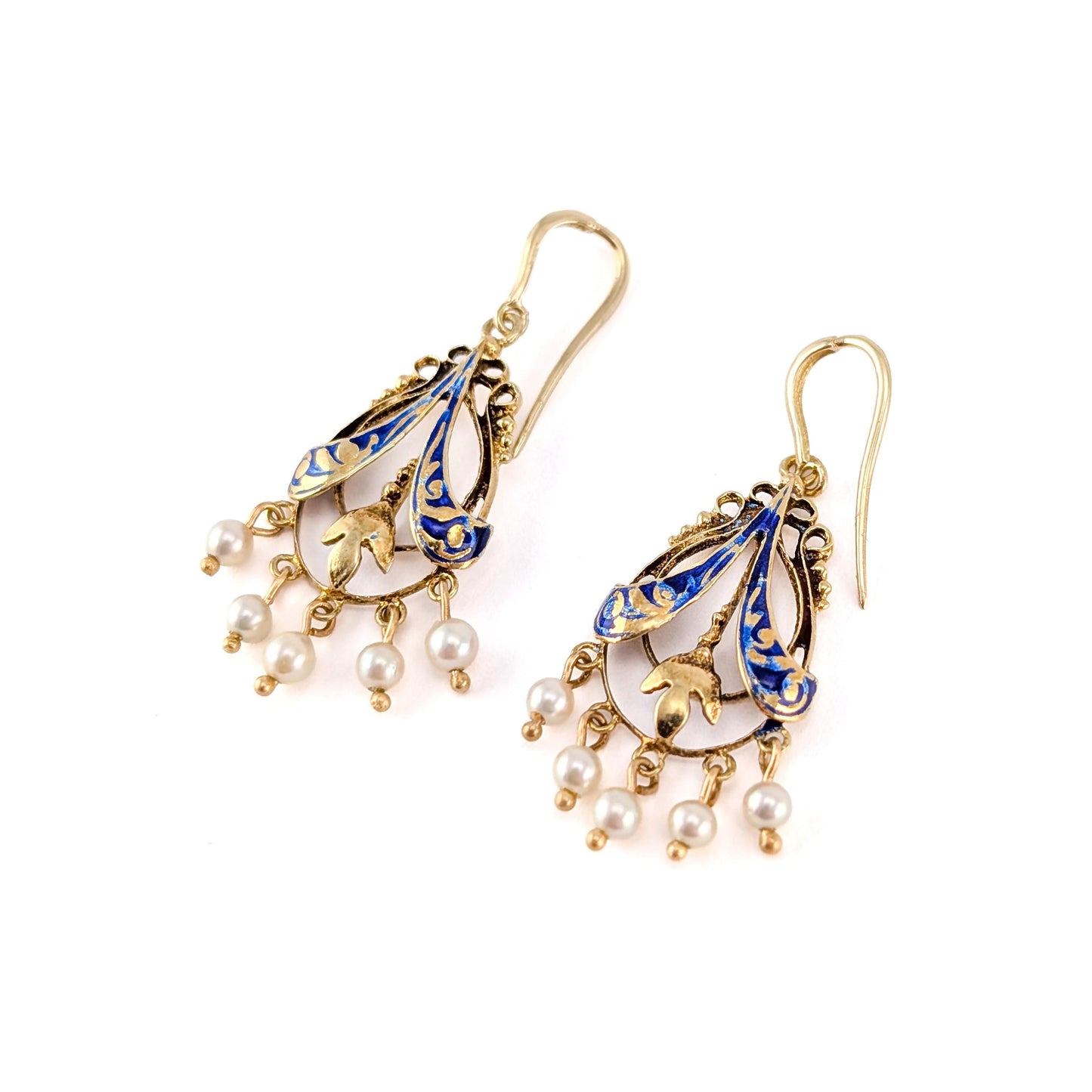 Victorian Blue Enamel And Pearl 14k Gold Chandelier Earrings