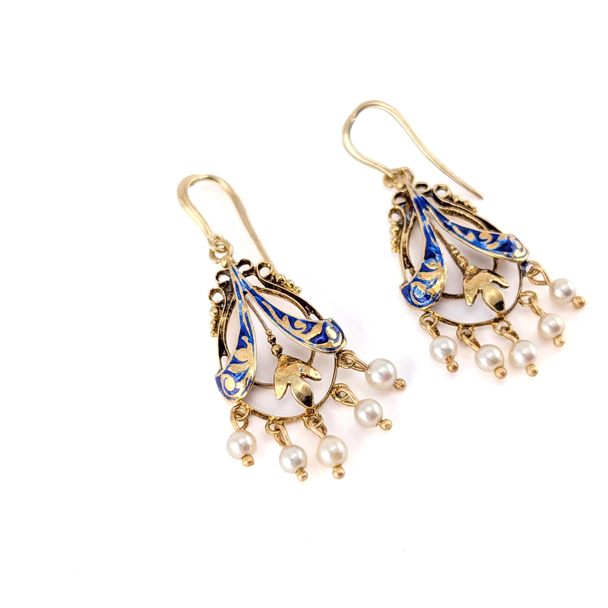 Victorian Blue Enamel And Pearl 14k Gold Chandelier Earrings