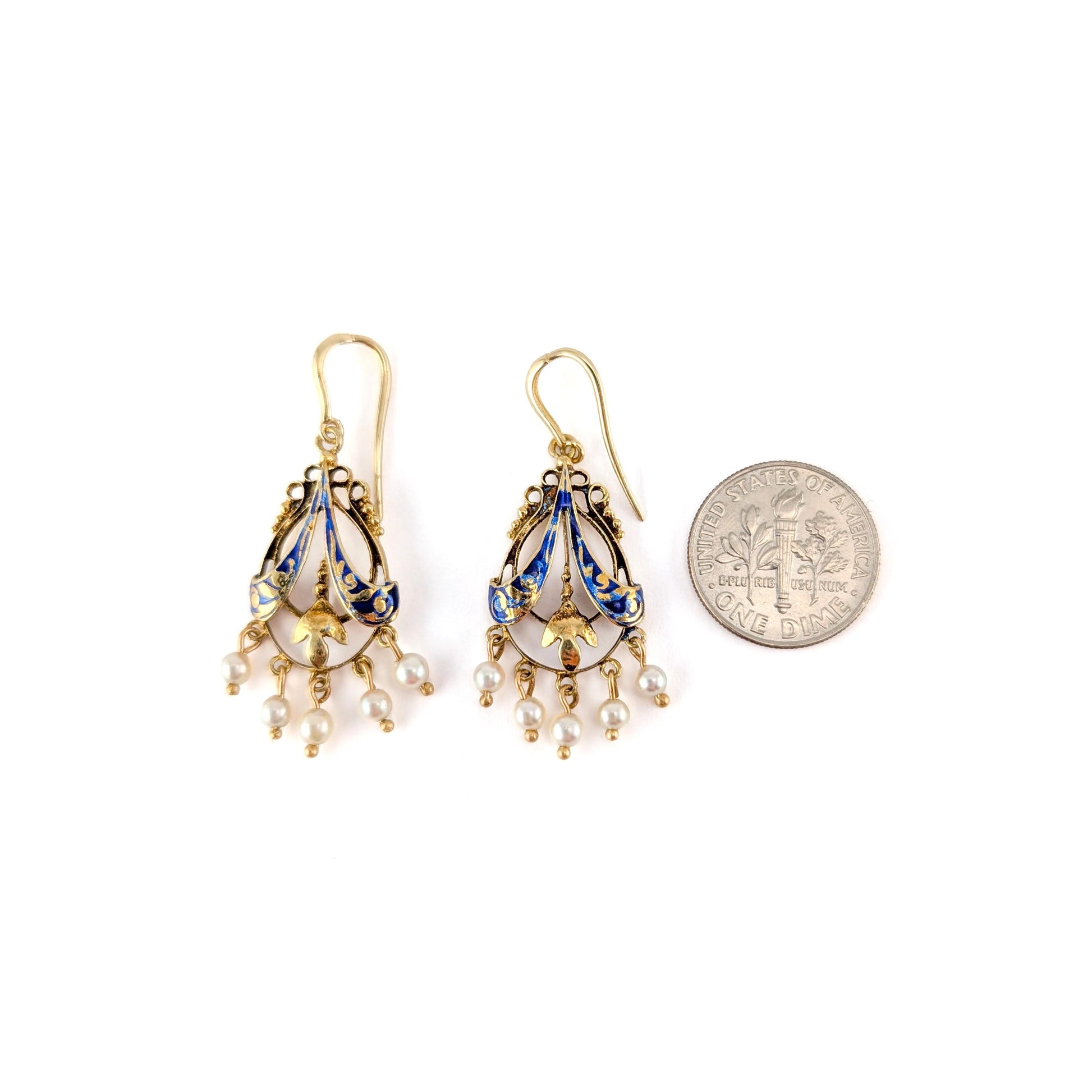 Victorian Blue Enamel And Pearl 14k Gold Chandelier Earrings