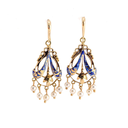 Victorian Blue Enamel And Pearl 14k Gold Chandelier Earrings