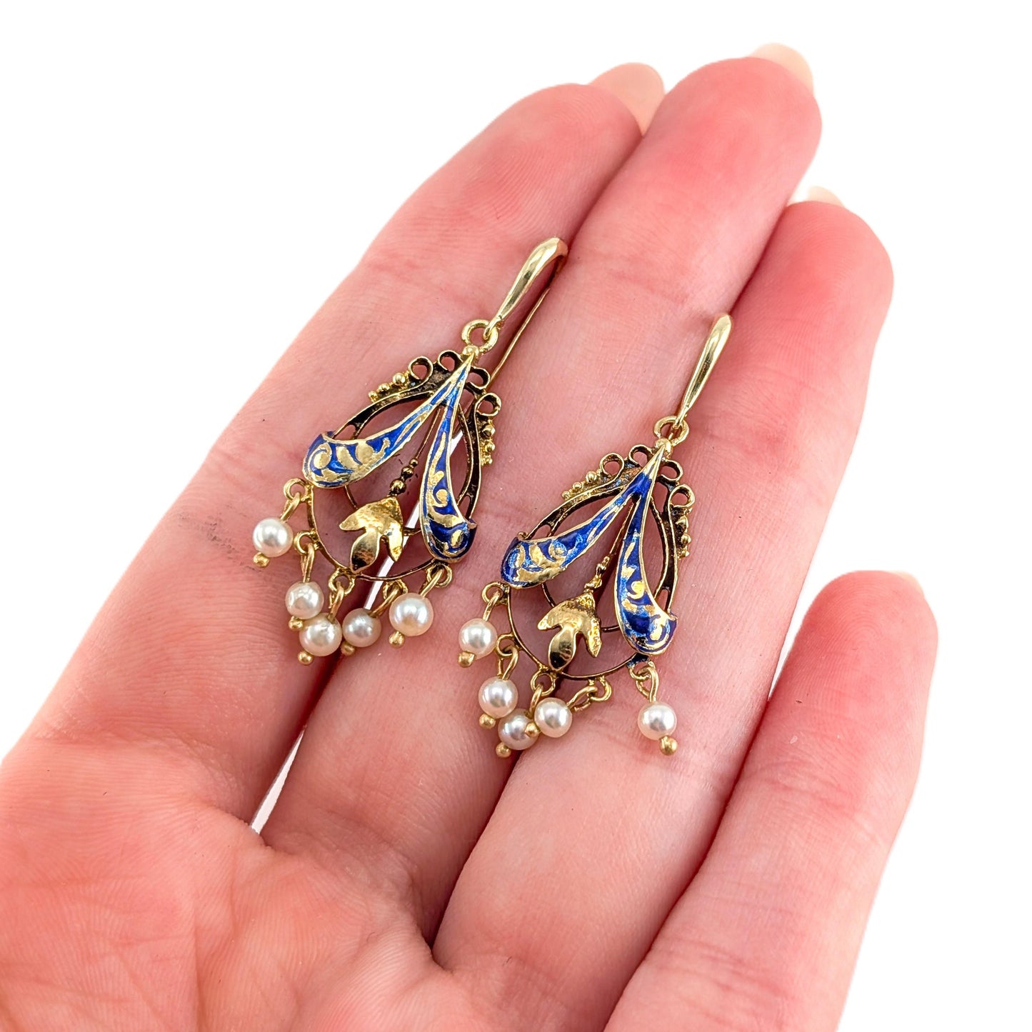 Victorian Blue Enamel And Pearl 14k Gold Chandelier Earrings