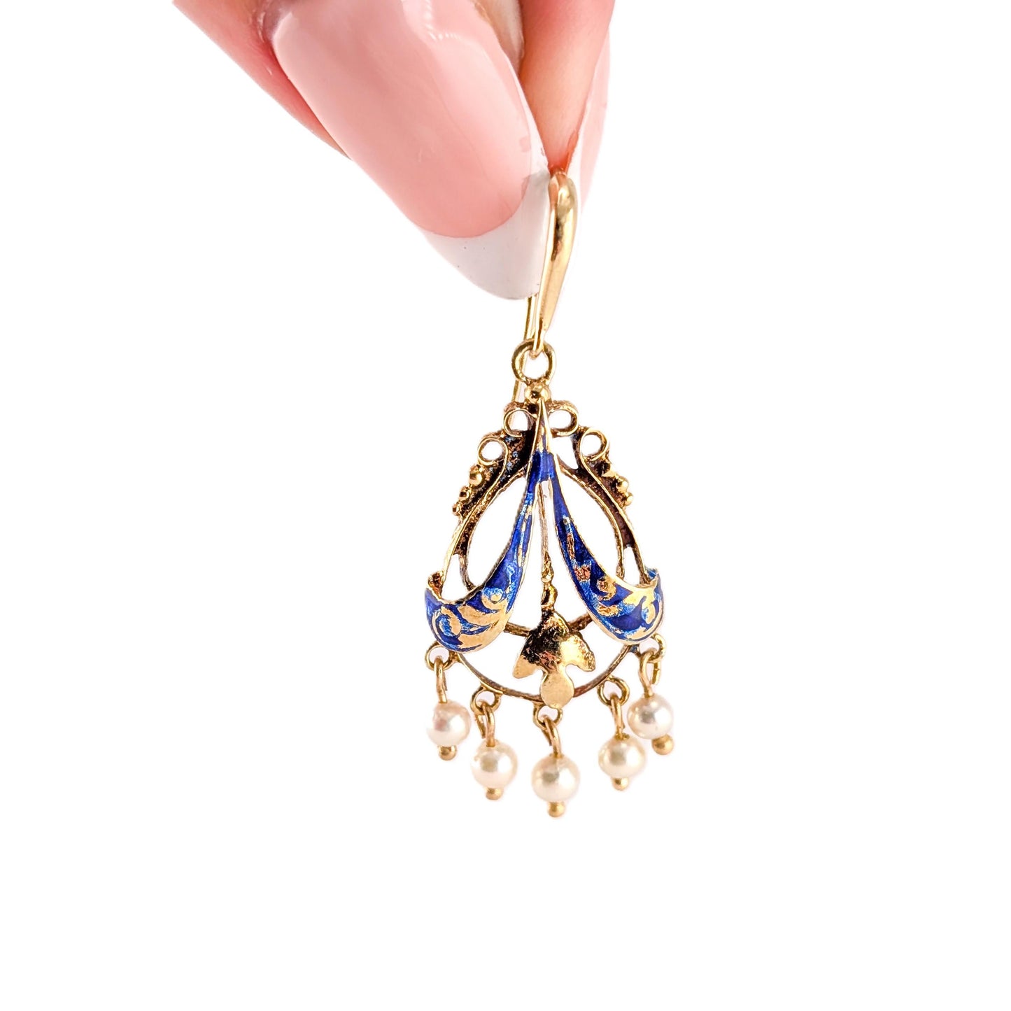 Victorian Blue Enamel And Pearl 14k Gold Chandelier Earrings