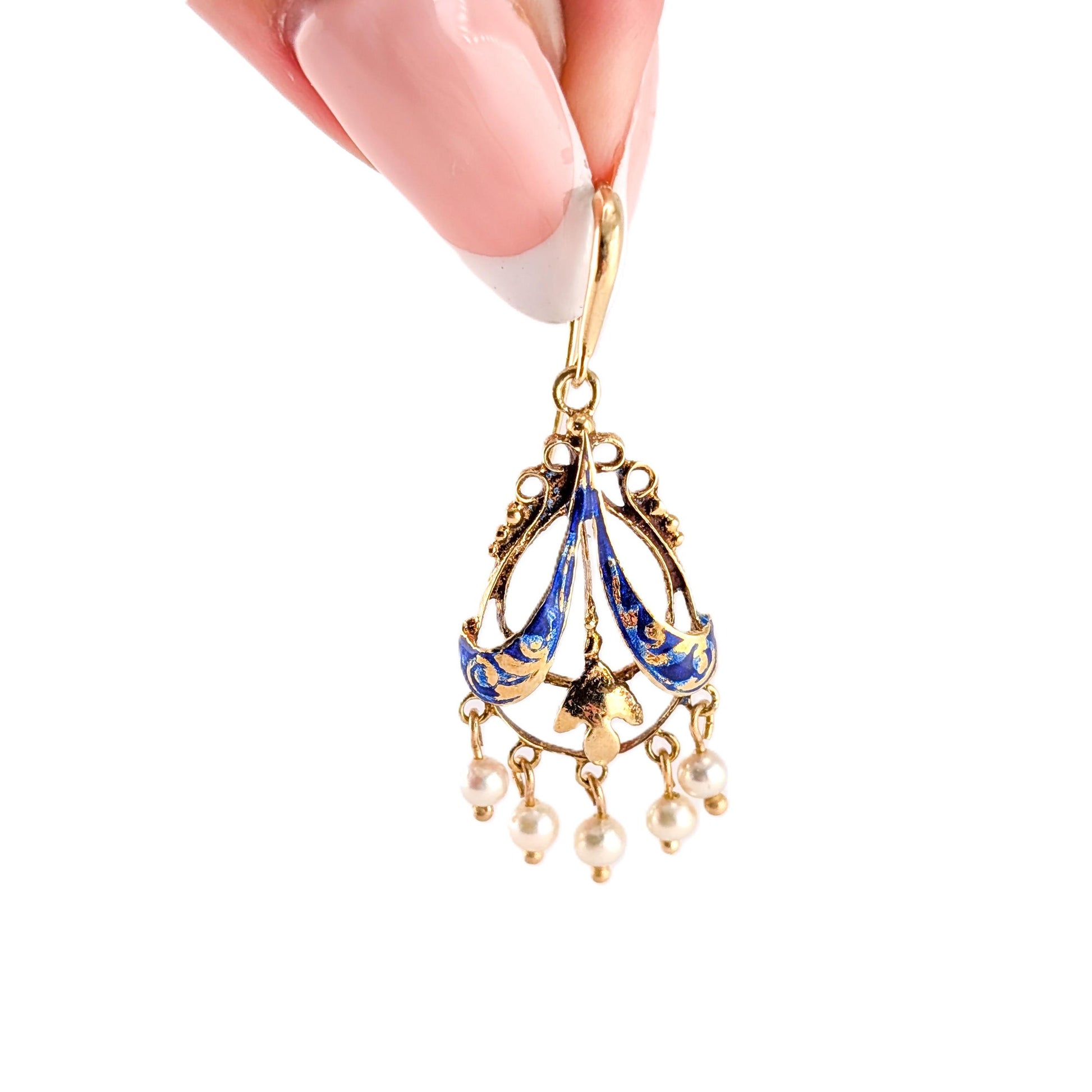 Victorian Blue Enamel And Pearl 14k Gold Chandelier Earrings