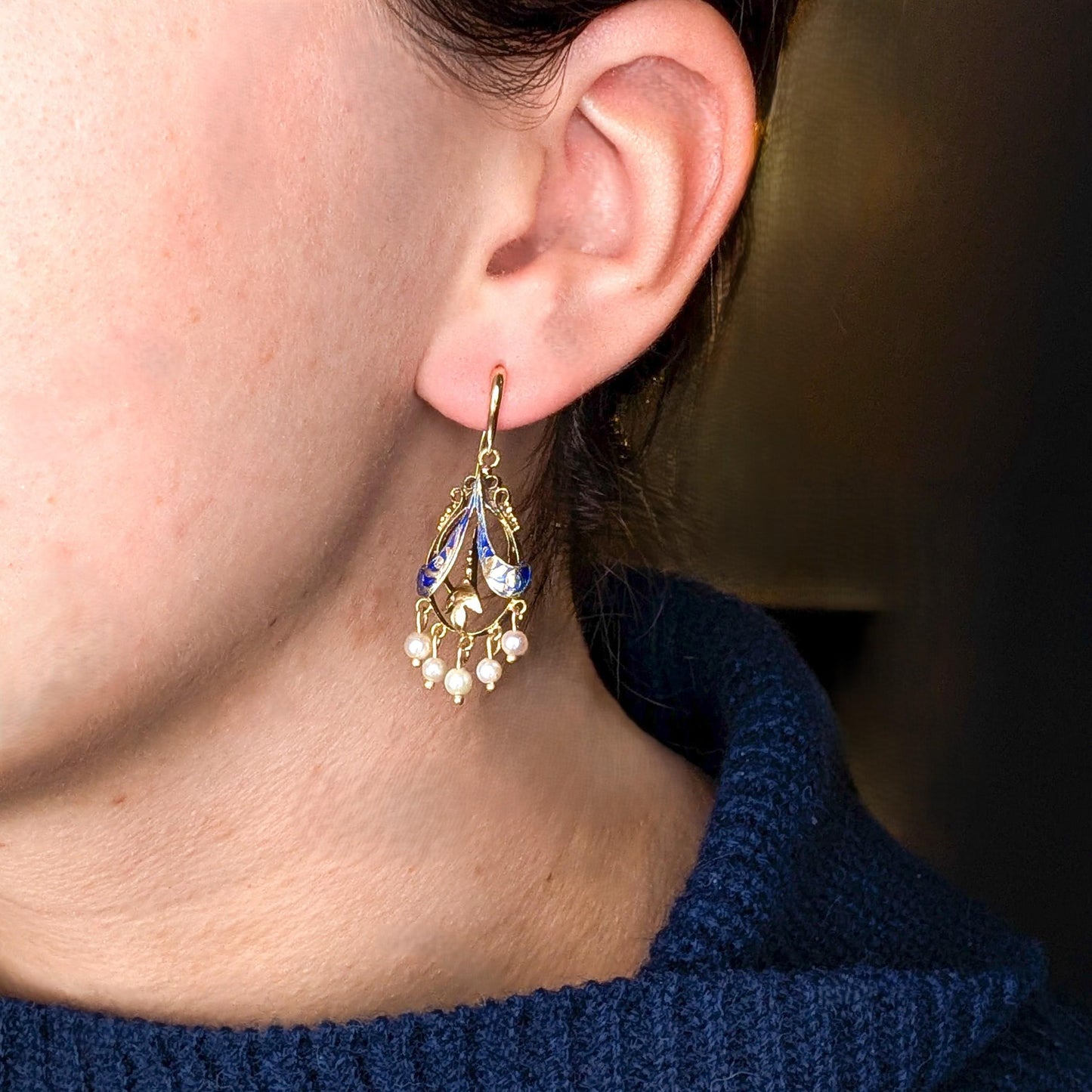 Victorian Blue Enamel And Pearl 14k Gold Chandelier Earrings