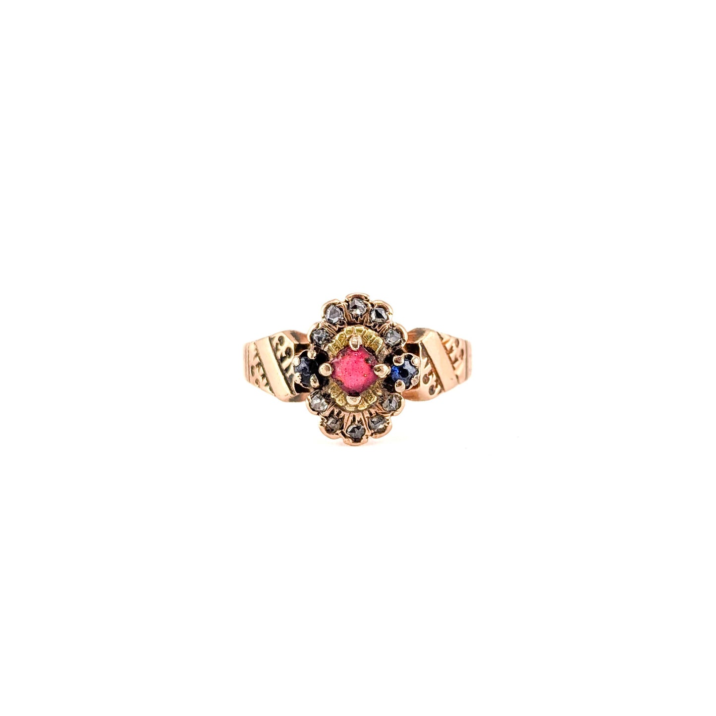 Antique Victorian 10k Gold Red Paste, Sapphire & Diamond Ring
