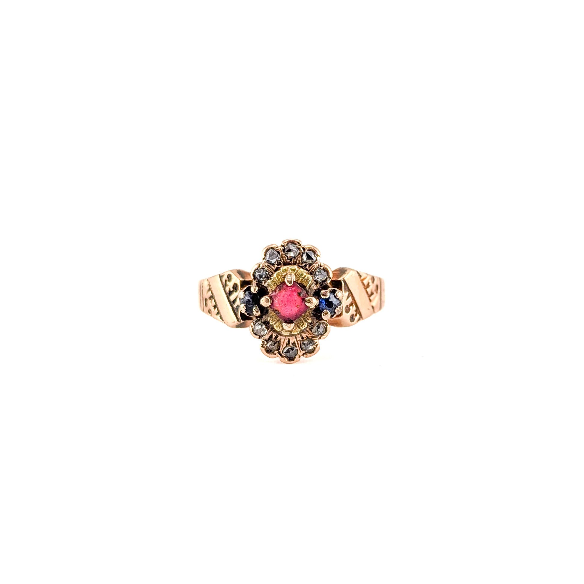Antique Victorian 10k Gold Red Paste, Sapphire & Diamond Ring
