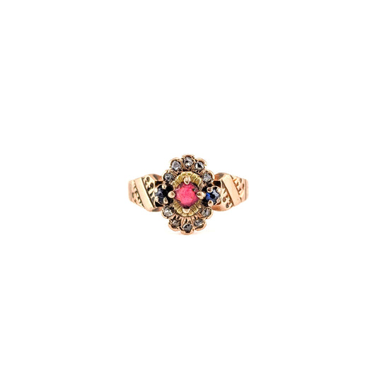 Antique Victorian 10k Gold Red Paste, Sapphire & Diamond Ring