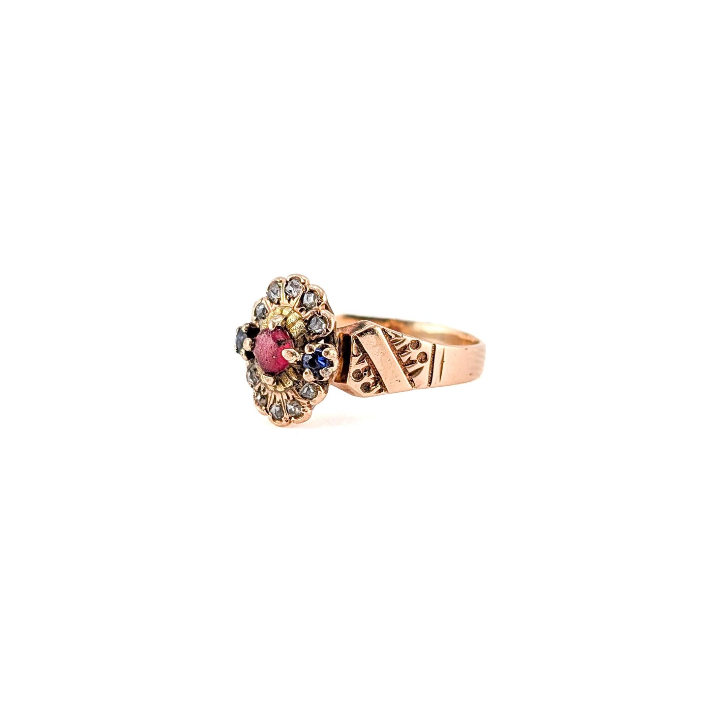 Antique Victorian 10k Gold Red Paste, Sapphire & Diamond Ring