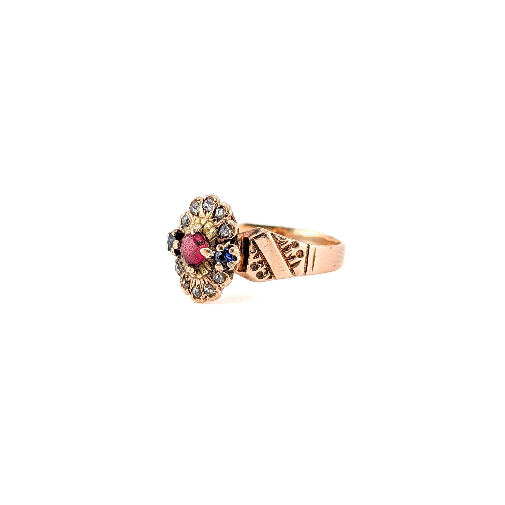 Antique Victorian 10k Gold Red Paste, Sapphire & Diamond Ring