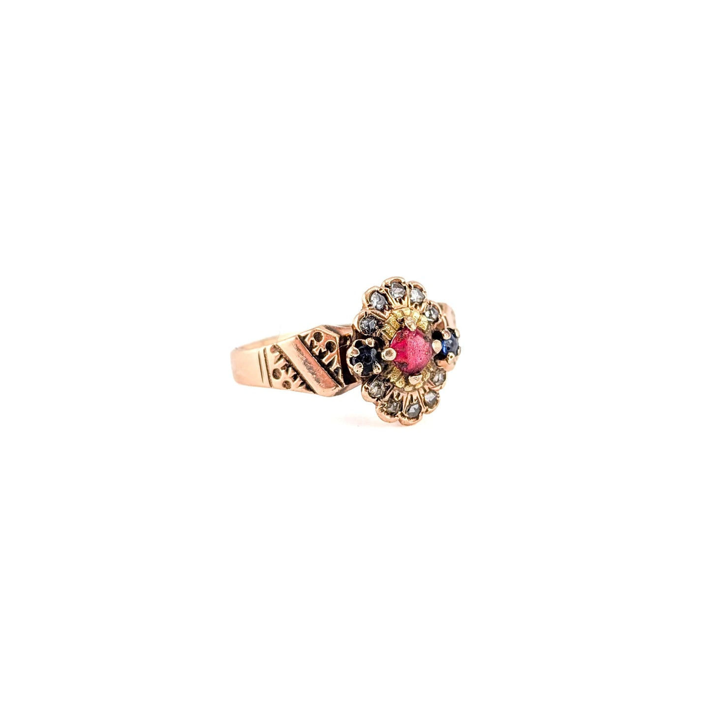 Antique Victorian 10k Gold Red Paste, Sapphire & Diamond Ring
