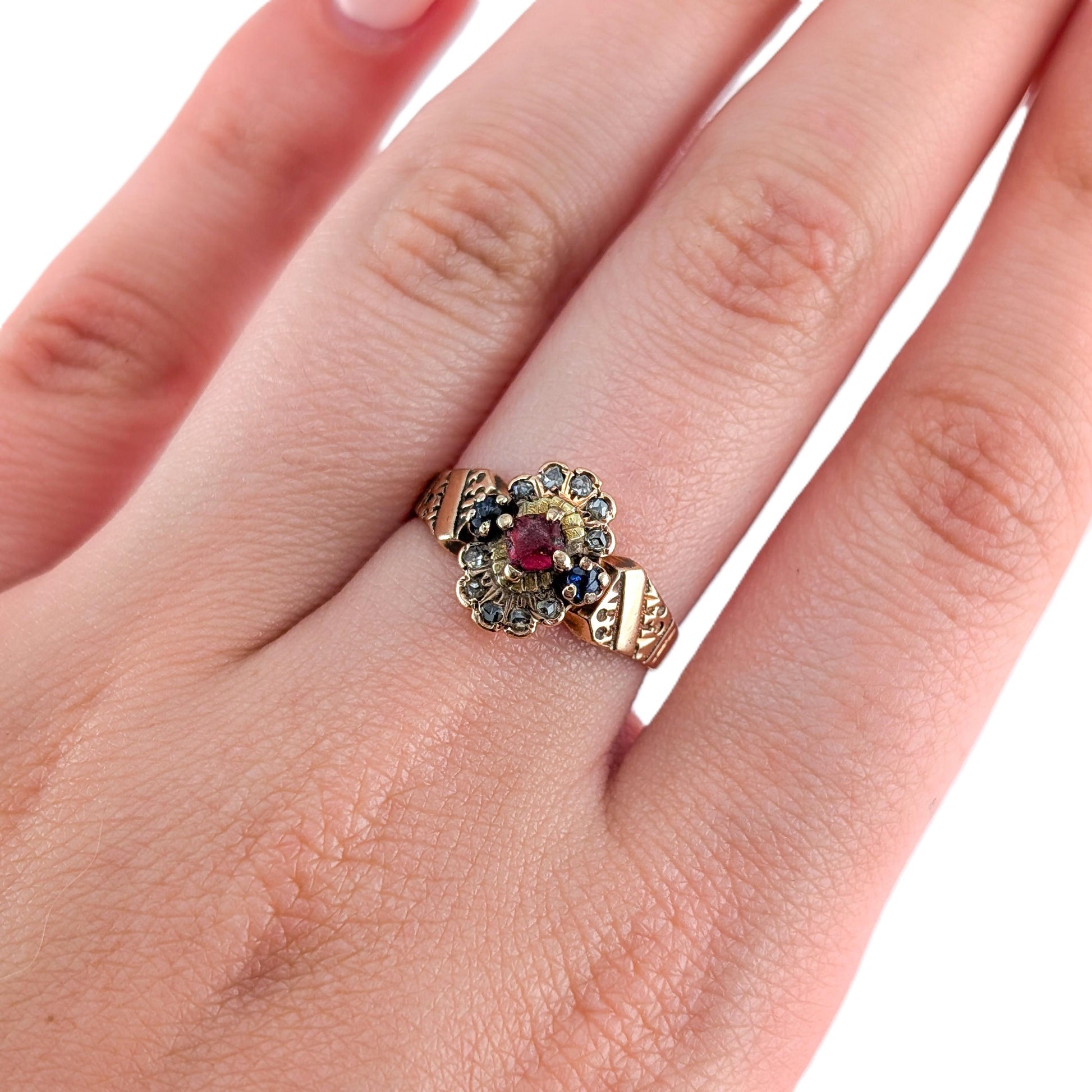 Antique Victorian 10k Gold Red Paste, Sapphire & Diamond Ring