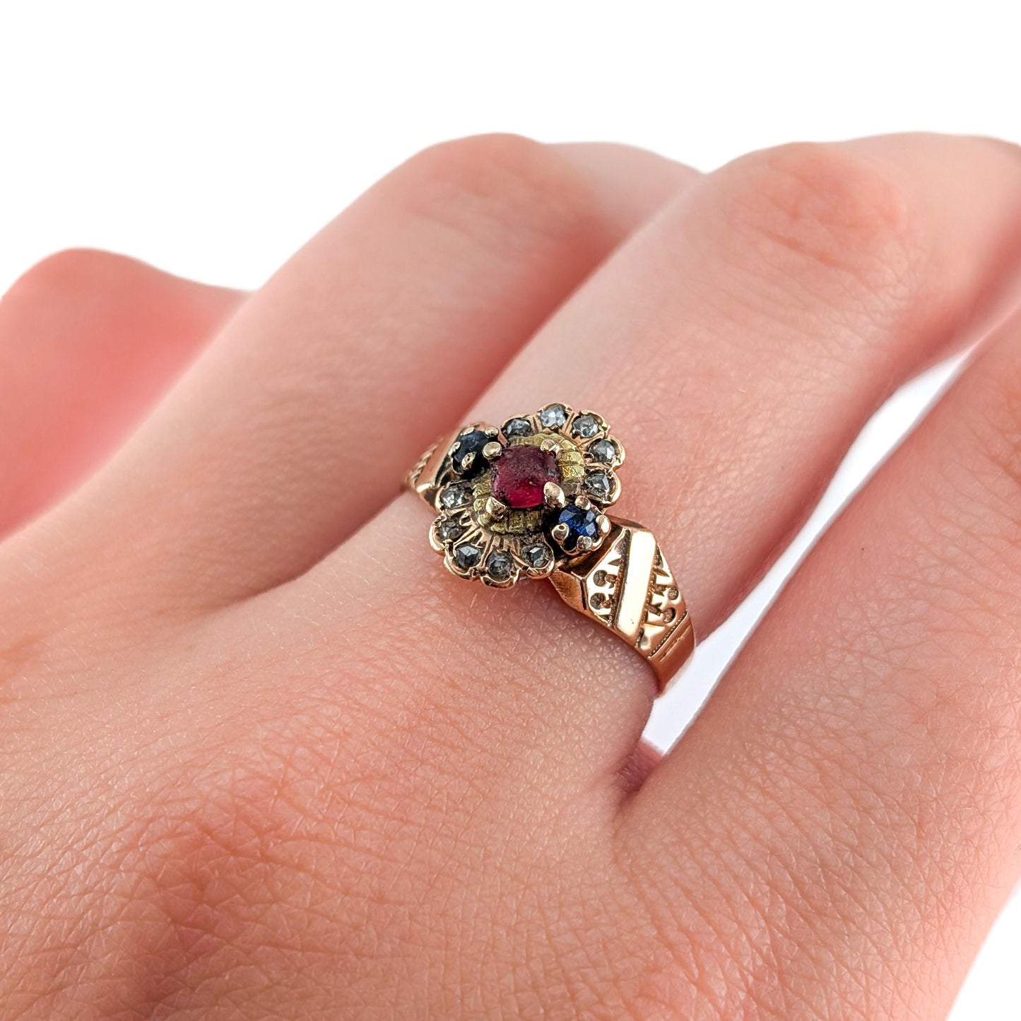 Antique Victorian 10k Gold Red Paste, Sapphire & Diamond Ring