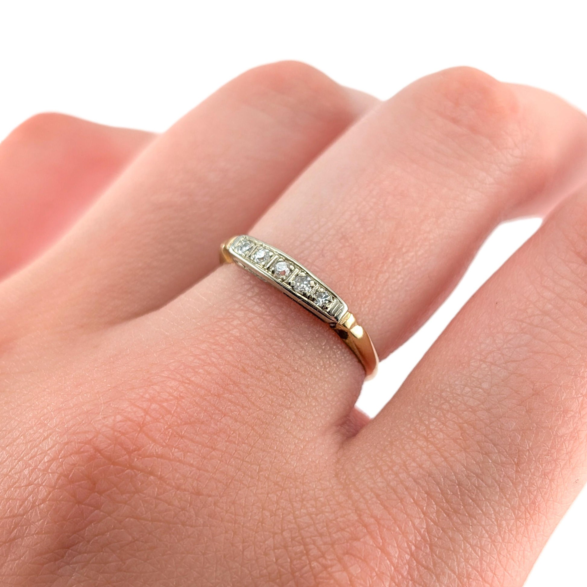 Retro 14K Yellow Gold Band Ring with White Diamonds