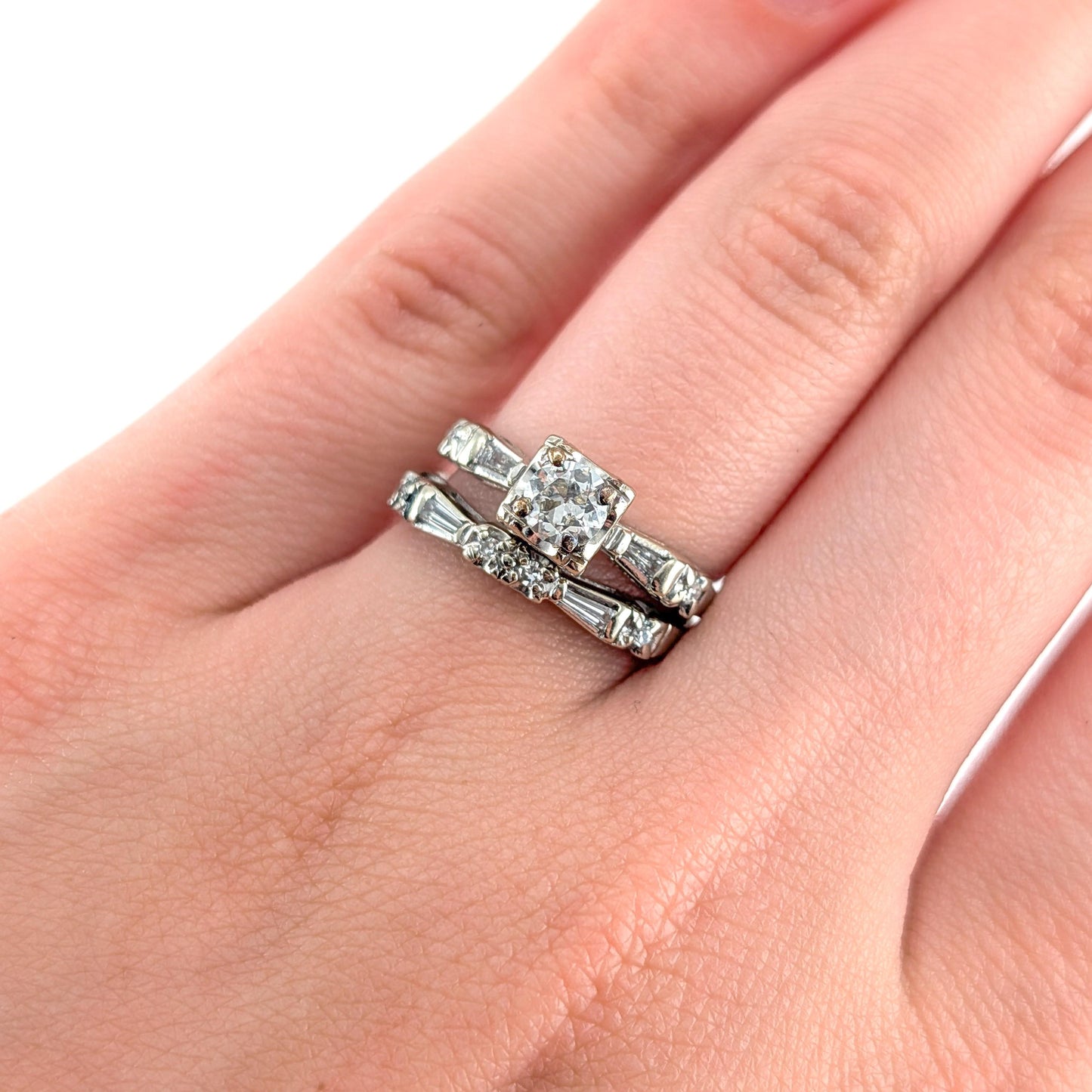 Vintage 14k White Gold 0.50ct Transitional Cut Diamond Engagement Ring