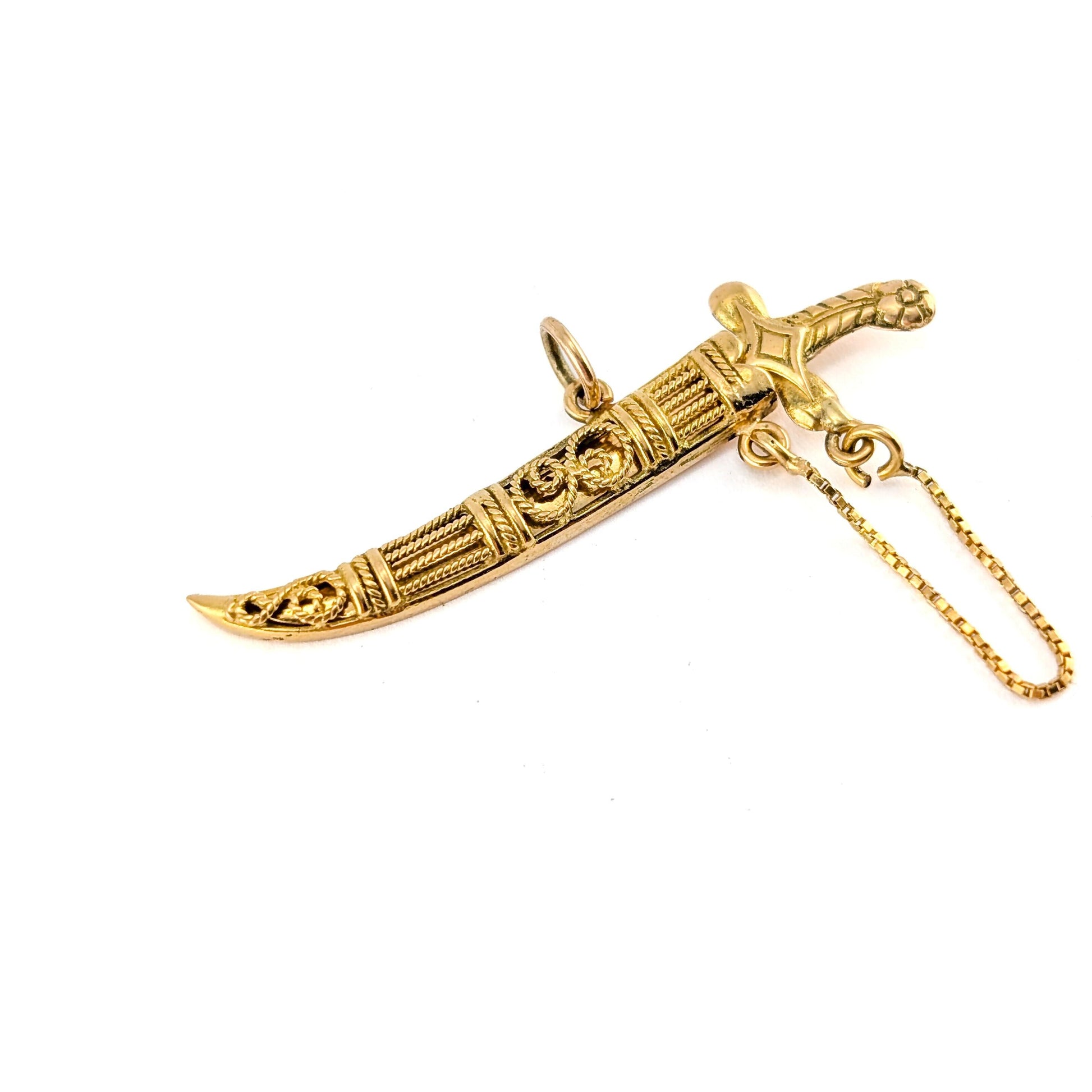 Vintage 18k Gold Mechanical Scimitar Style Dagger & Scabbard Charm
