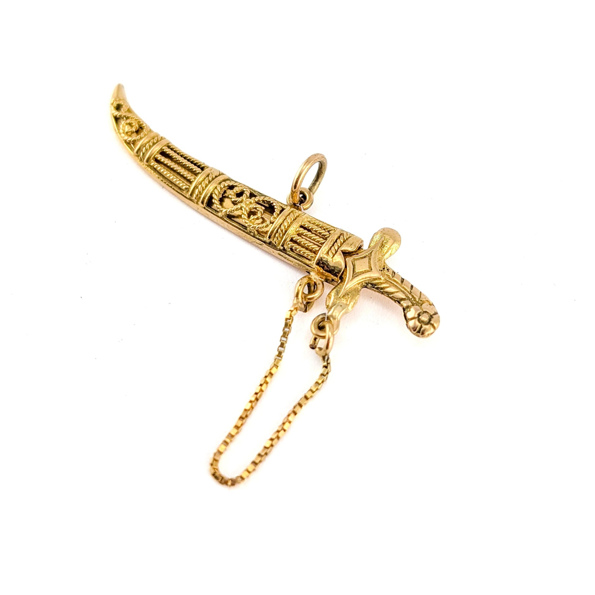 Vintage 18k Gold Mechanical Scimitar Style Dagger & Scabbard Charm