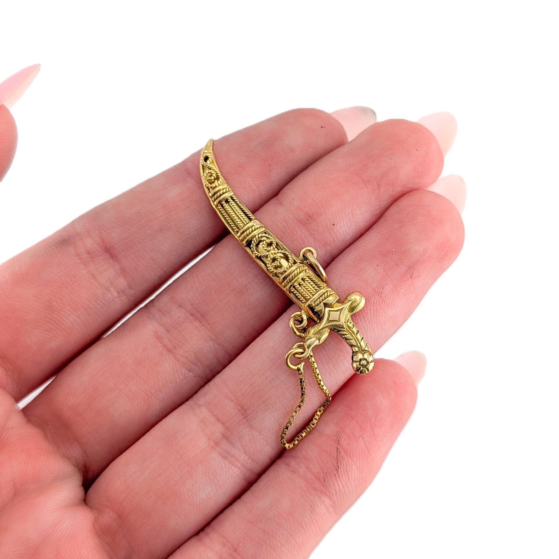 Vintage 18k Gold Mechanical Scimitar Style Dagger & Scabbard Charm