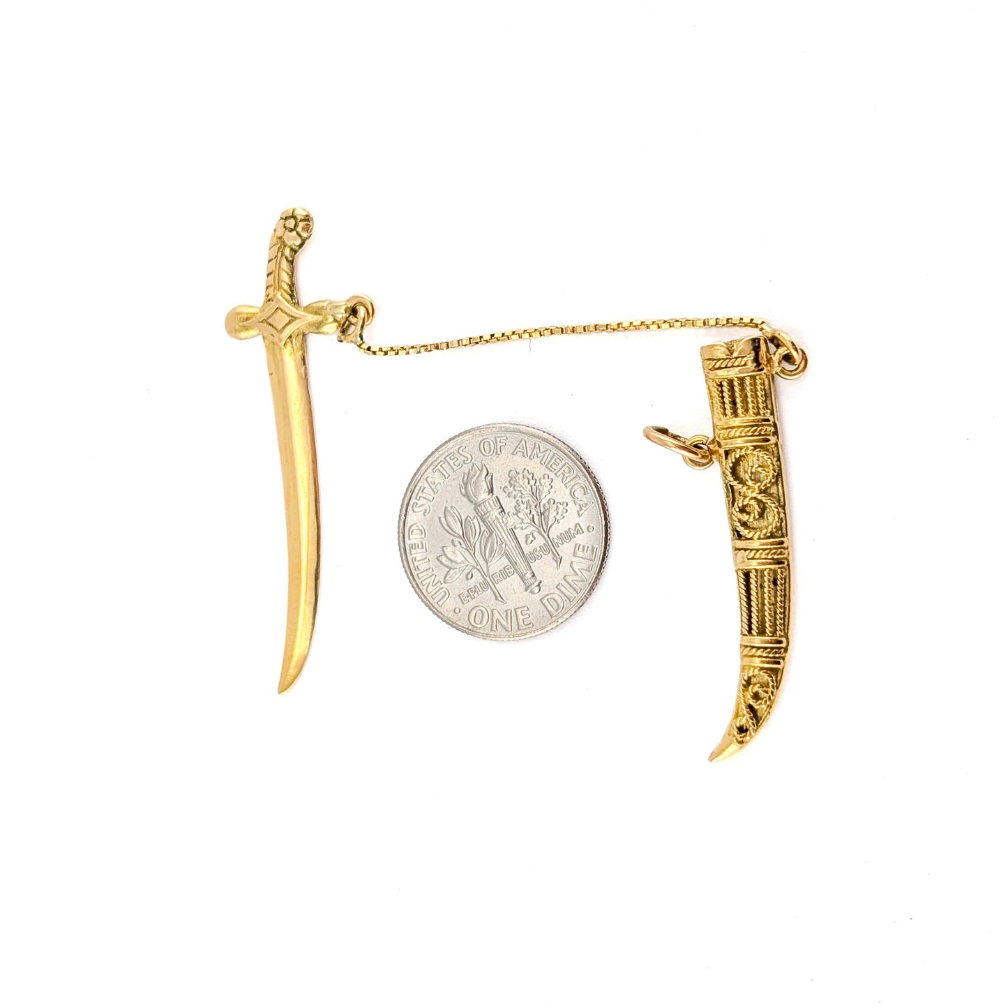Vintage 18k Gold Mechanical Scimitar Style Dagger & Scabbard Charm