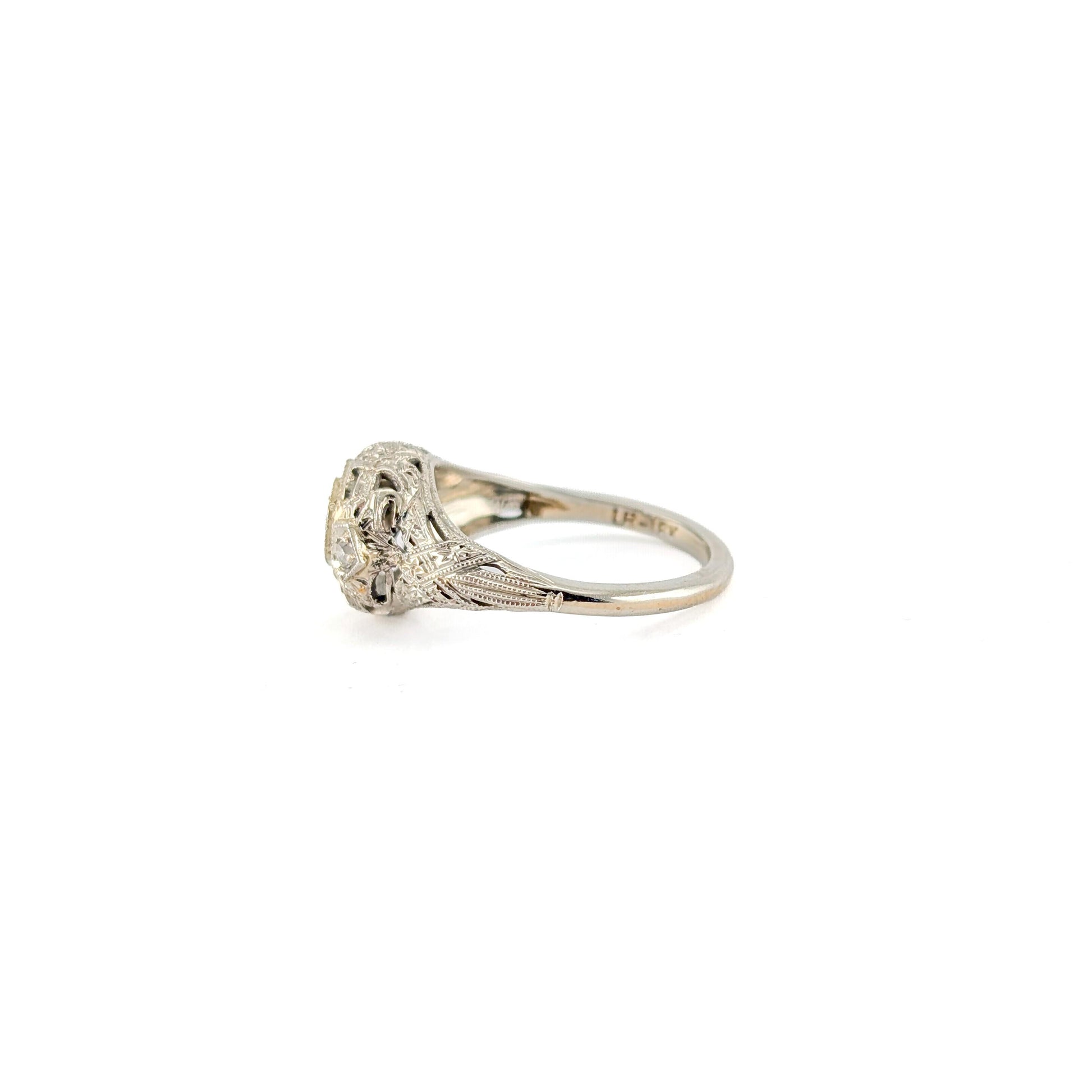 Antique Art Deco 18K White Gold Old European Cut Diamond Filigree Ring