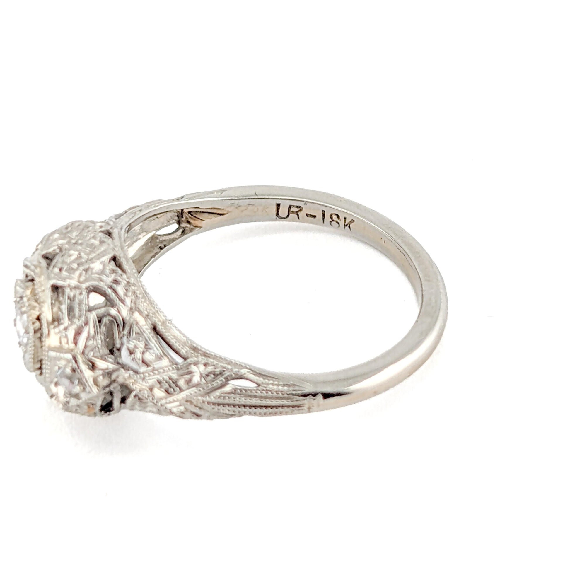 Antique Art Deco 18K White Gold Old European Cut Diamond Filigree Ring