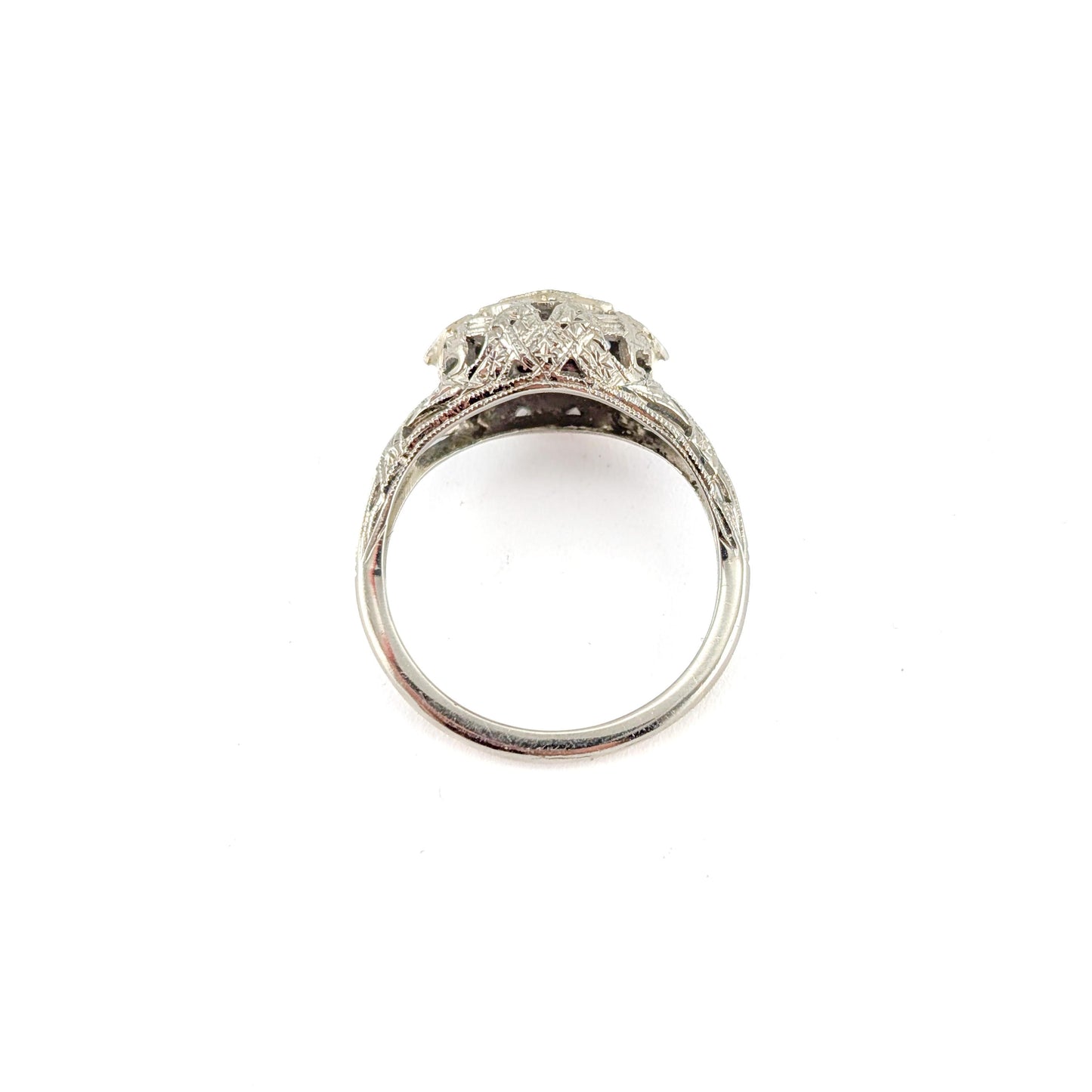 Antique Art Deco 18K White Gold Old European Cut Diamond Filigree Ring