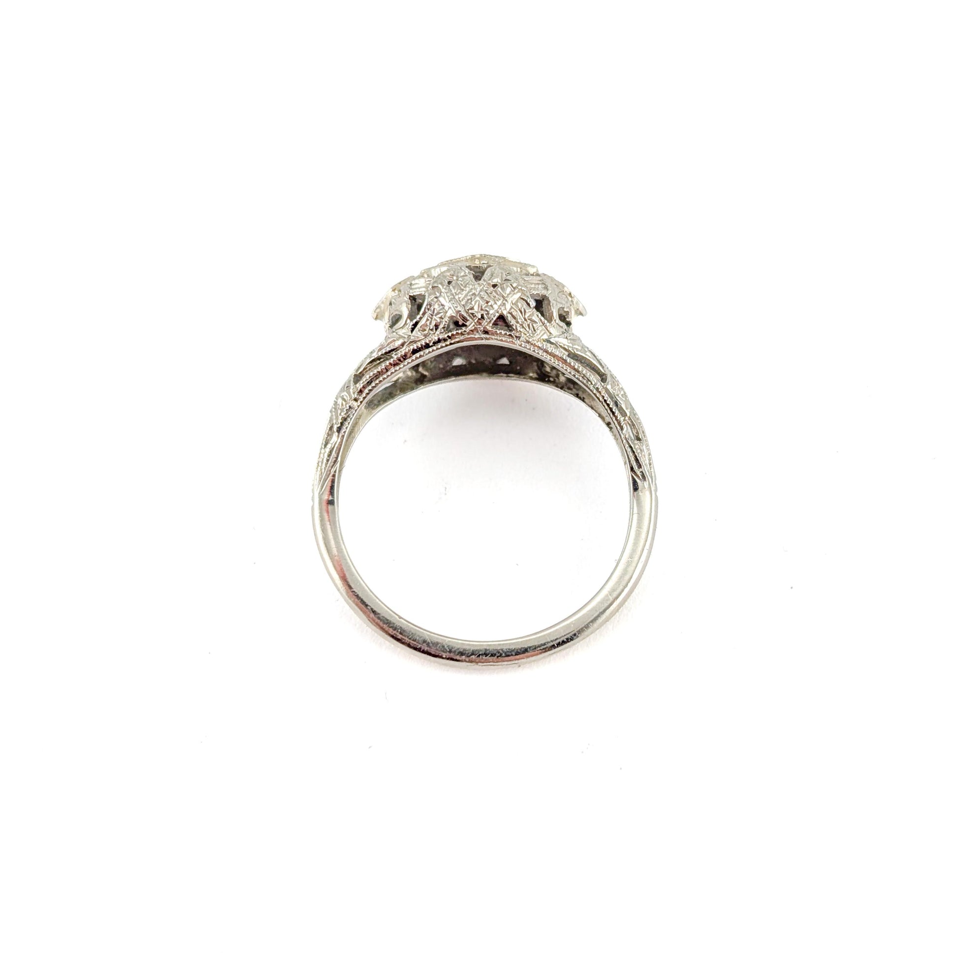 Antique Art Deco 18K White Gold Old European Cut Diamond Filigree Ring