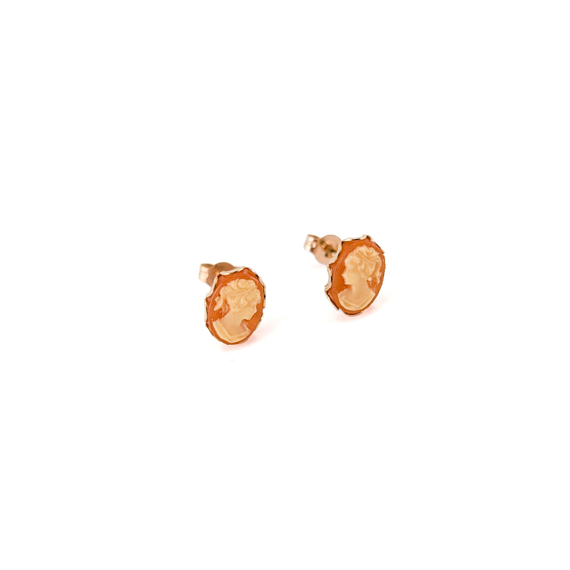 Vintage 14K Gold Hand-Carved Shell Cameo Stud Earrings