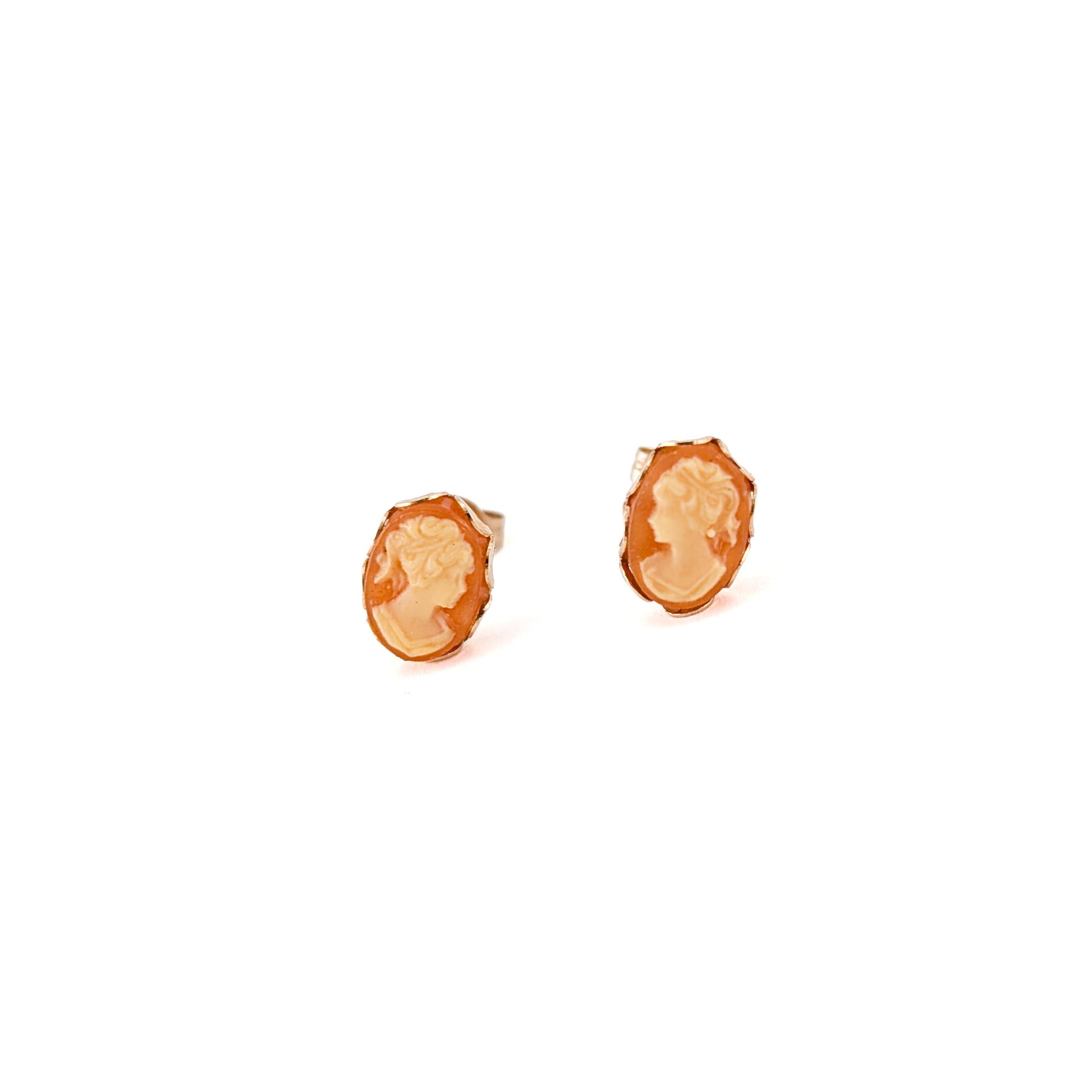 Vintage 14K Gold Hand-Carved Shell Cameo Stud Earrings