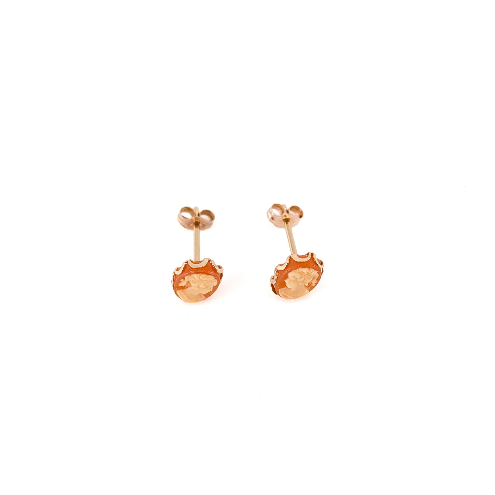 Vintage 14K Gold Hand-Carved Shell Cameo Stud Earrings