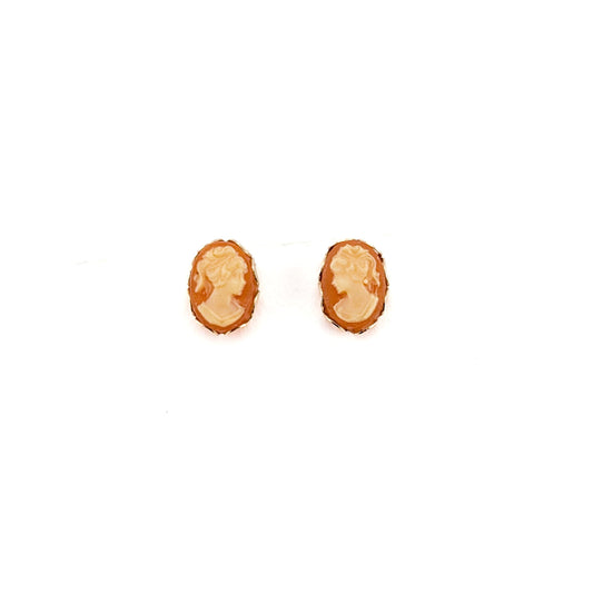 Vintage 14K Gold Hand-Carved Shell Cameo Stud Earrings