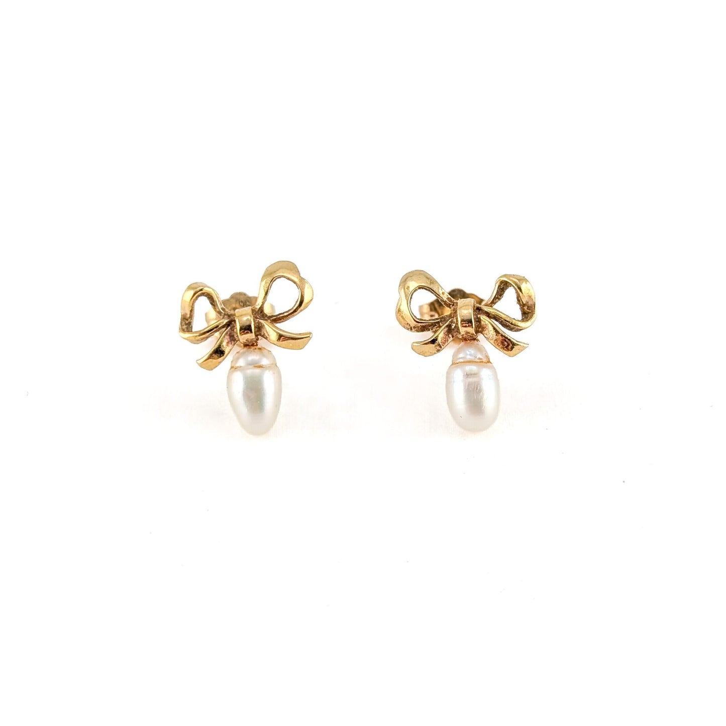 Vintage 14K Yellow Gold Bow & Pearl Earrings